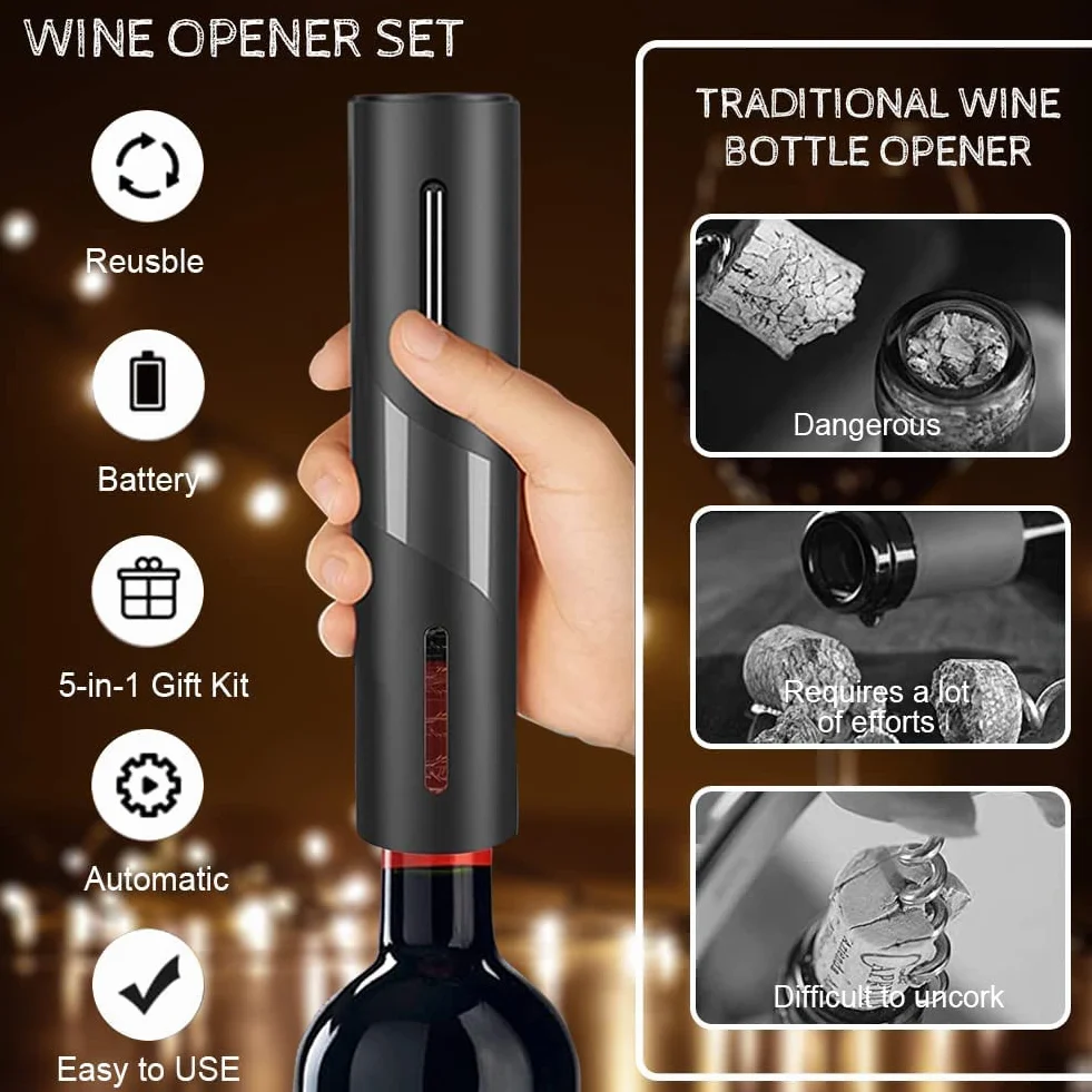 Sacacorchos Eléctrico, USB Recargable Abridor de Vino Automatico Profesional 5 en 1con Cortacapsulas Botella, Vertedor de Vino, Tapón de Vino de Vacío