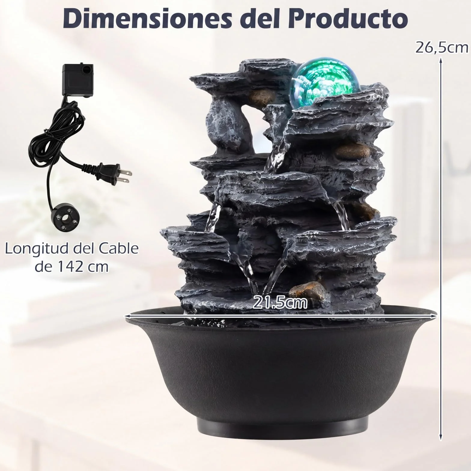 COSTWAY Fuente de Mesa Cascada con Bola Cristal Giratoria, Luz LED Decorativa, Flujo Ajustable, Decoración Zen Hogar Oficina
