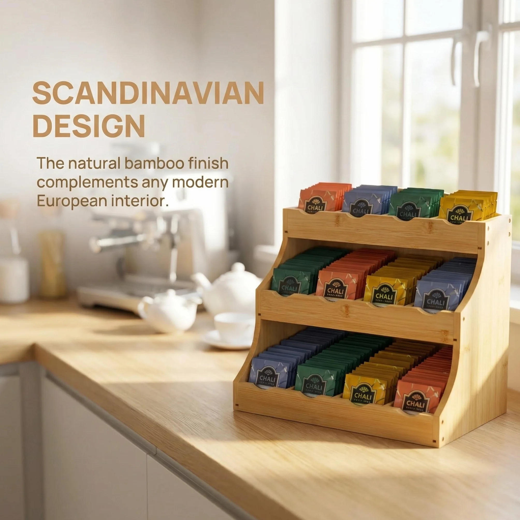 Organizador Infusiones Vertical y Bolsitas de Té, Organizador Bolsas de Té con 3 Niveles y 12 Compartimentos, Soporte Bolsitas de Tea de Bambú, Estante de Tea y Cápsulas de Café- 30x25x20cm