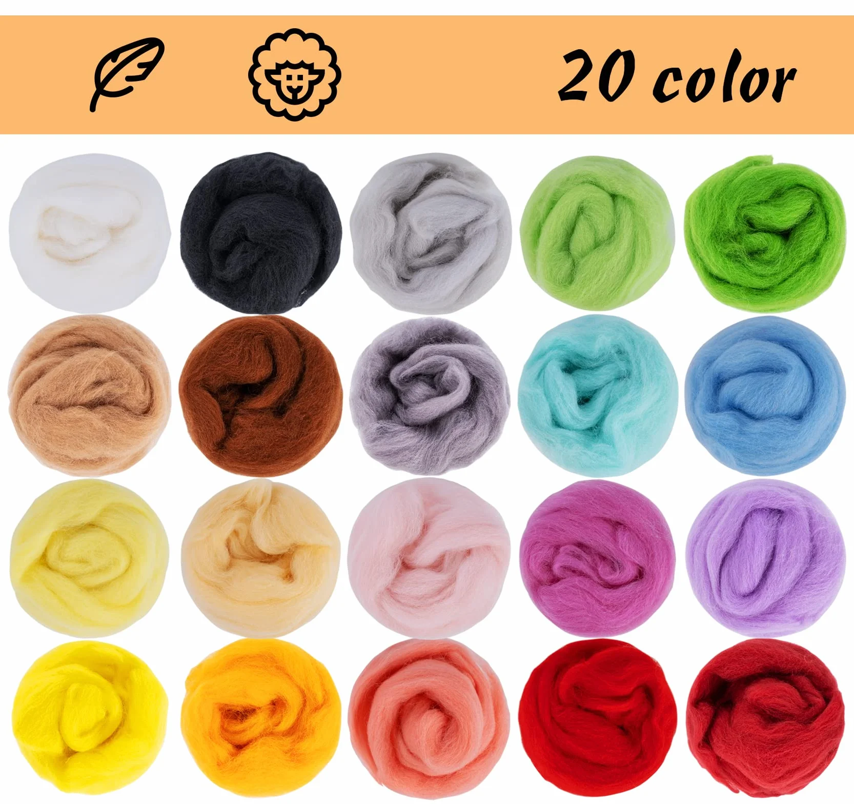 Homewit Lana de Fieltro - 20 Colores, 10 Gramos Cada Uno - Para Tejer, Fieltro Seco y Húmedo - Lana de Oveja Natural Para Elfos y Hadas