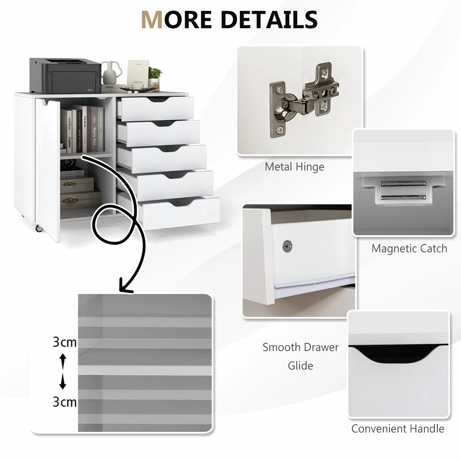 KOMFOTTEU Archivador Móvil con 5 Cajones y Puertas, Armario de Almacenamiento con 5 Ruedas, Cajonera de Madera, Mueble Auxiliar para Oficina, Soporte para Impresora, 79 x 39 x 65 cm, Blanco