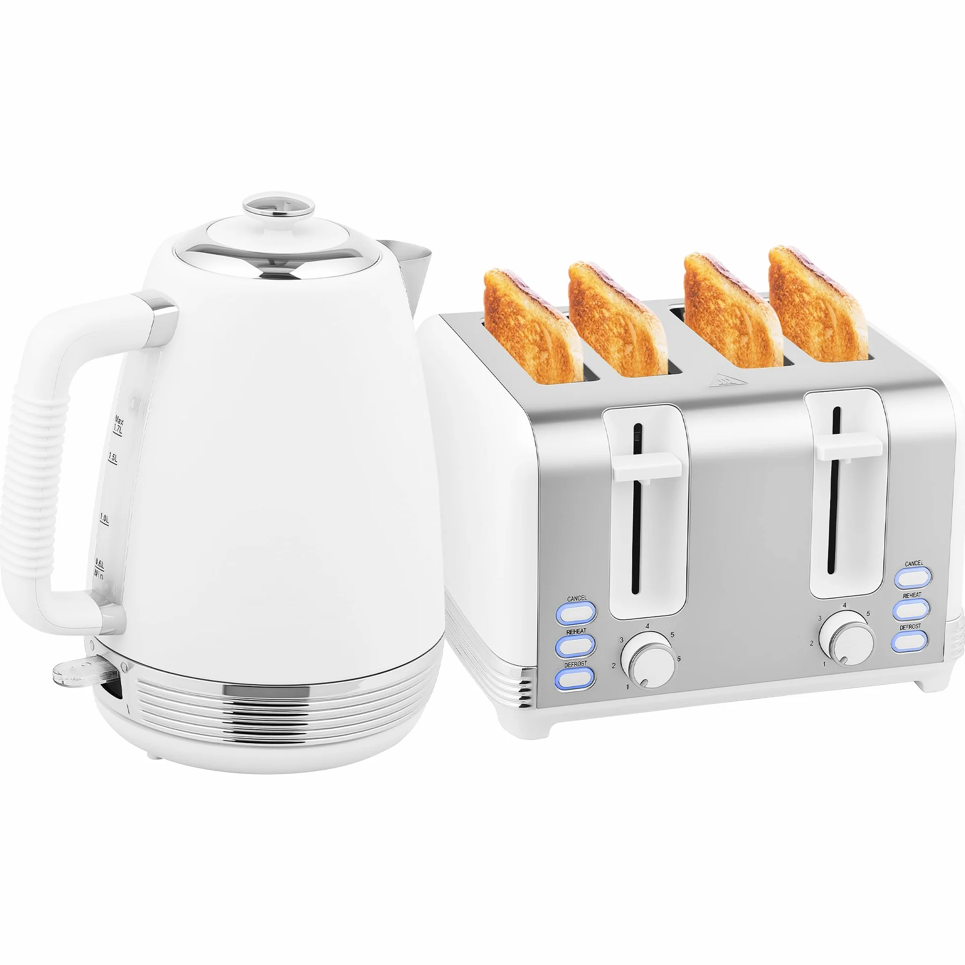 HOMCOM - Juego de hervidor y tostadora (acero inoxidable, 2200 W, 1,7 L, tostadora 4 rebanadas, 7 niveles de bruñido, calentamiento rápido, termostato Strix, filtro antical y bandeja para migajas