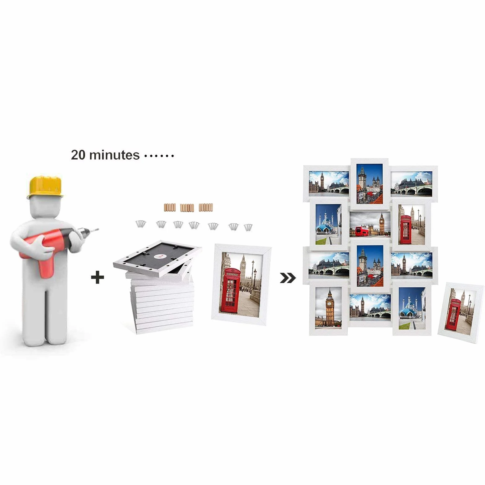 Songmics RPF112W Marco para 12 Fotos, Cada una de 10 x 15 cm, con un Marco Individual, Material de MDF, Color Blanco con Grano de Madera