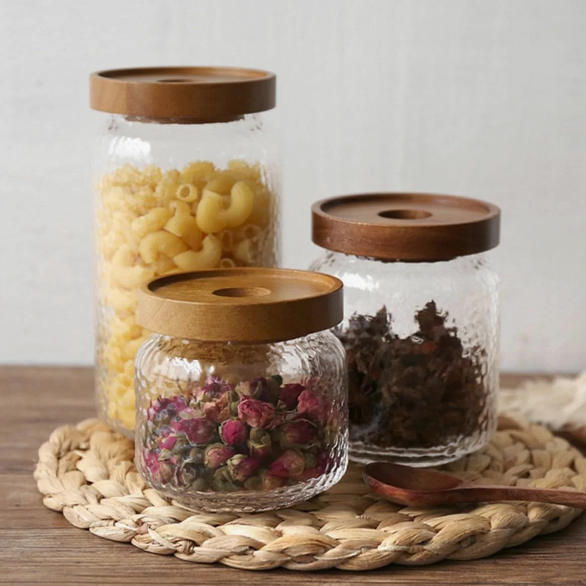 Tarros Herméticos Capacidad 350ml, 500ml y 700ml Juego de 3 de Vidrio con Tapa de Madera de Acacia Recipientes Multipropósito para Almacenamiento de Café y Té