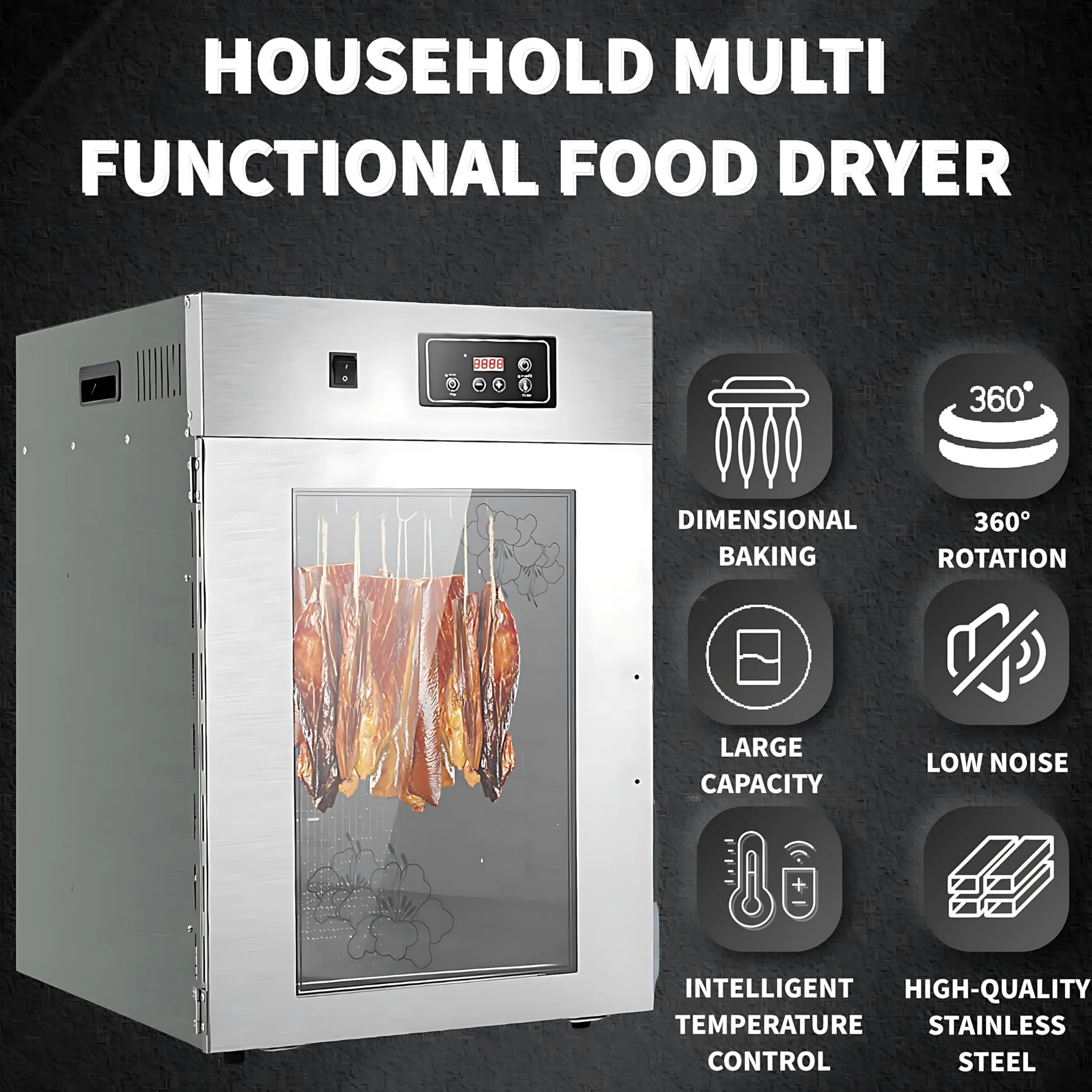 Caja de secado Biltong de acero inoxidable, deshidratador de alimentos y armario de secado de 800 W, deshidratador de alimentos grande con 14 ganchos para colgar, control inteligente LED para secar