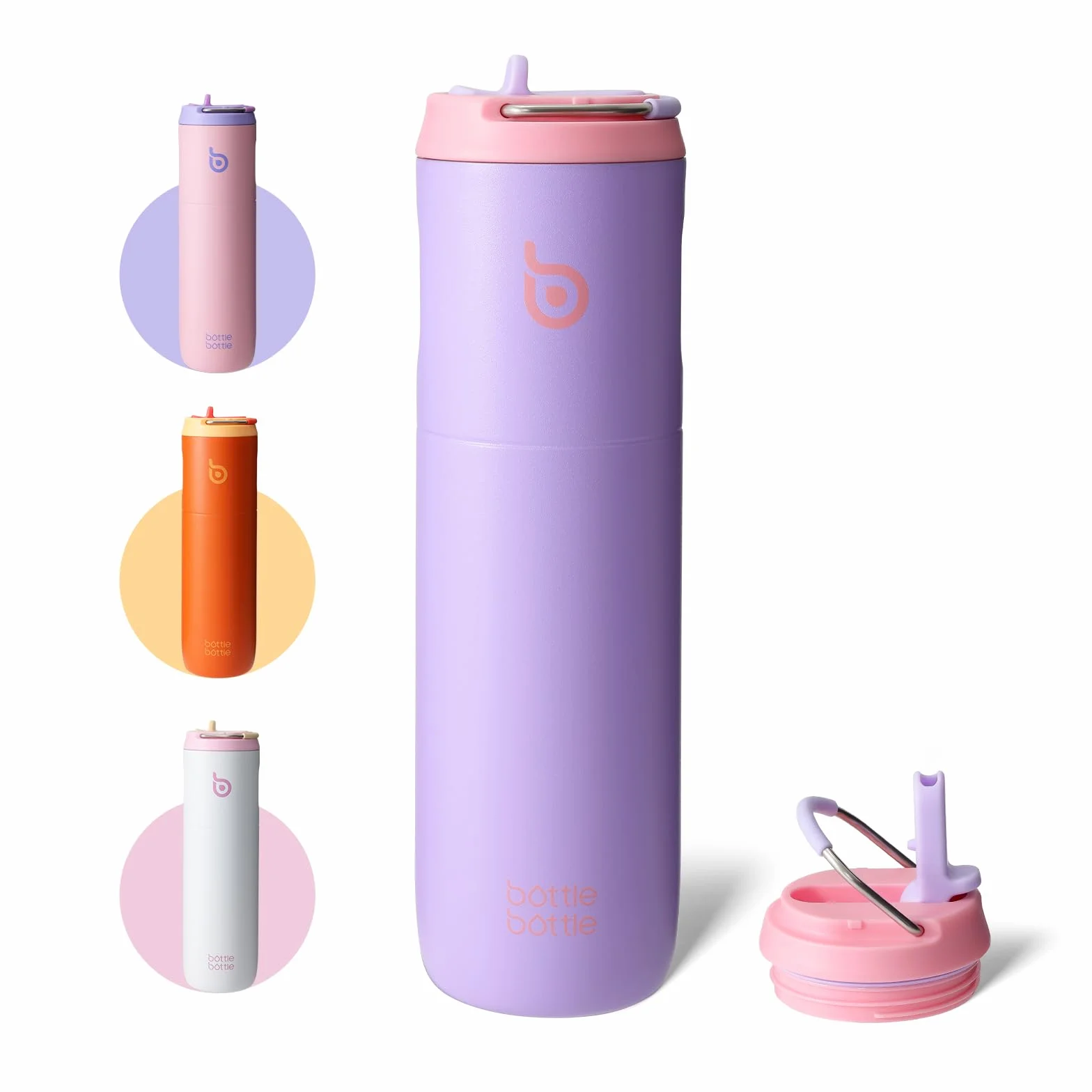 Botella de agua aislada de acero inoxidable 700 ml con popote, tapa y asa - para deportes, viajes, gimnasio (lila)