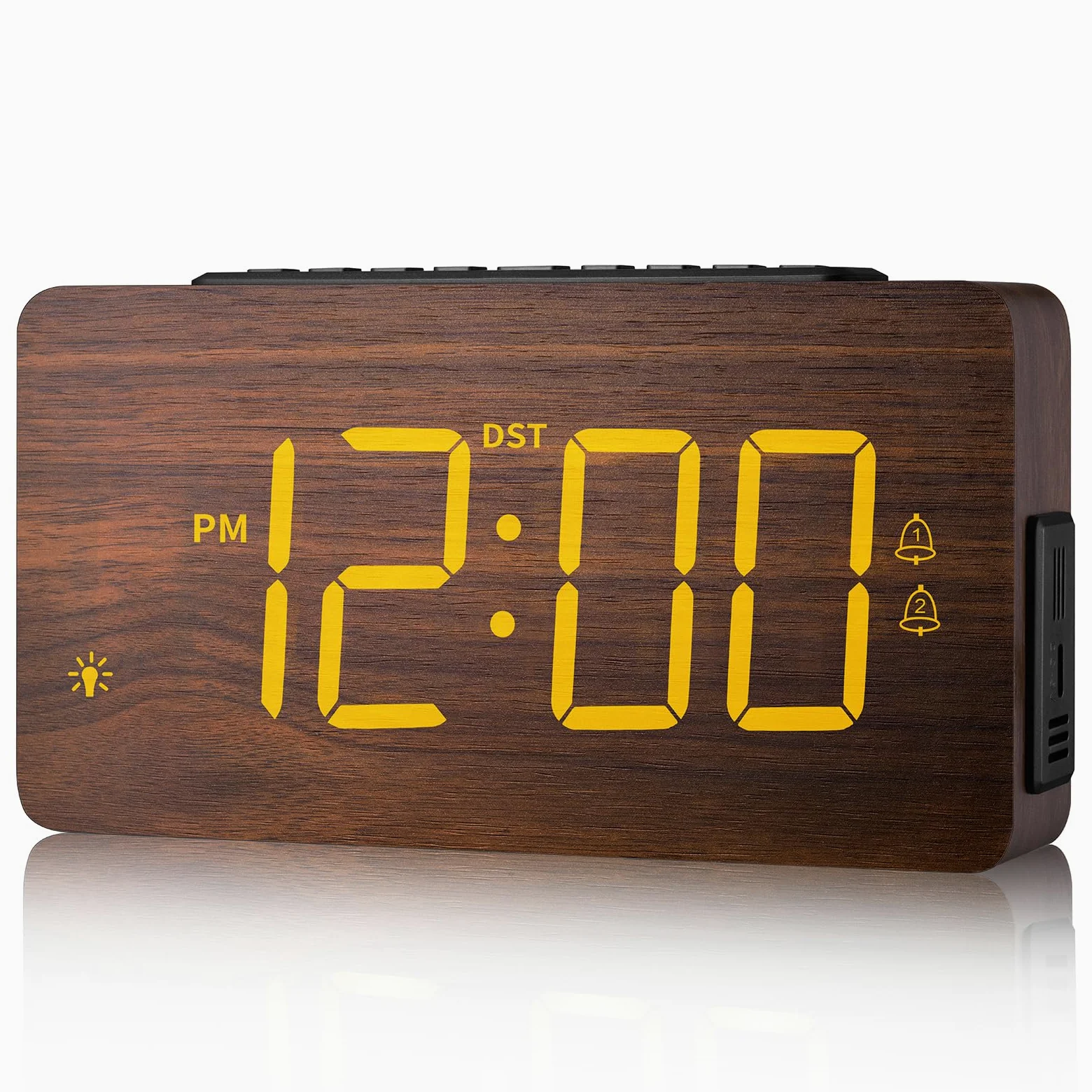 Reloj despertador digital de madera para dormitorios, alarma extra fuerte para personas que duermen mucho, volumen y brillo ajustables, DST, doble uso como reloj de escritorio/pared, elegante