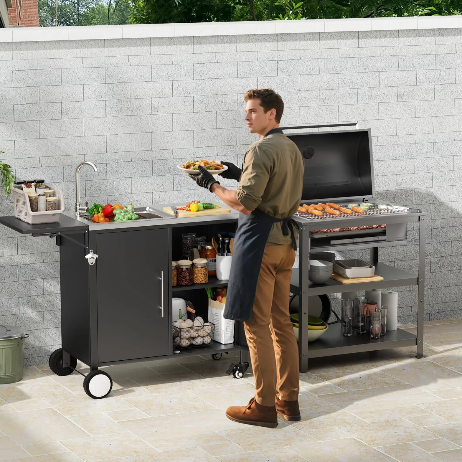 Carrito de barbacoa enrollable con fregadero y encimera plegable, isla de cocina con armario de almacenamiento de acero inoxidable 304 para jardín, terraza y césped