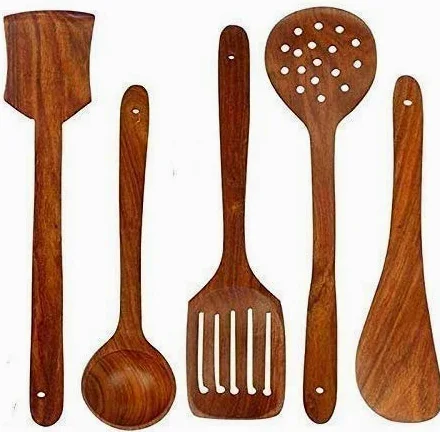 Radhna Juego de 5 cucharas de cocina de madera tradicionales indias hechas a mano