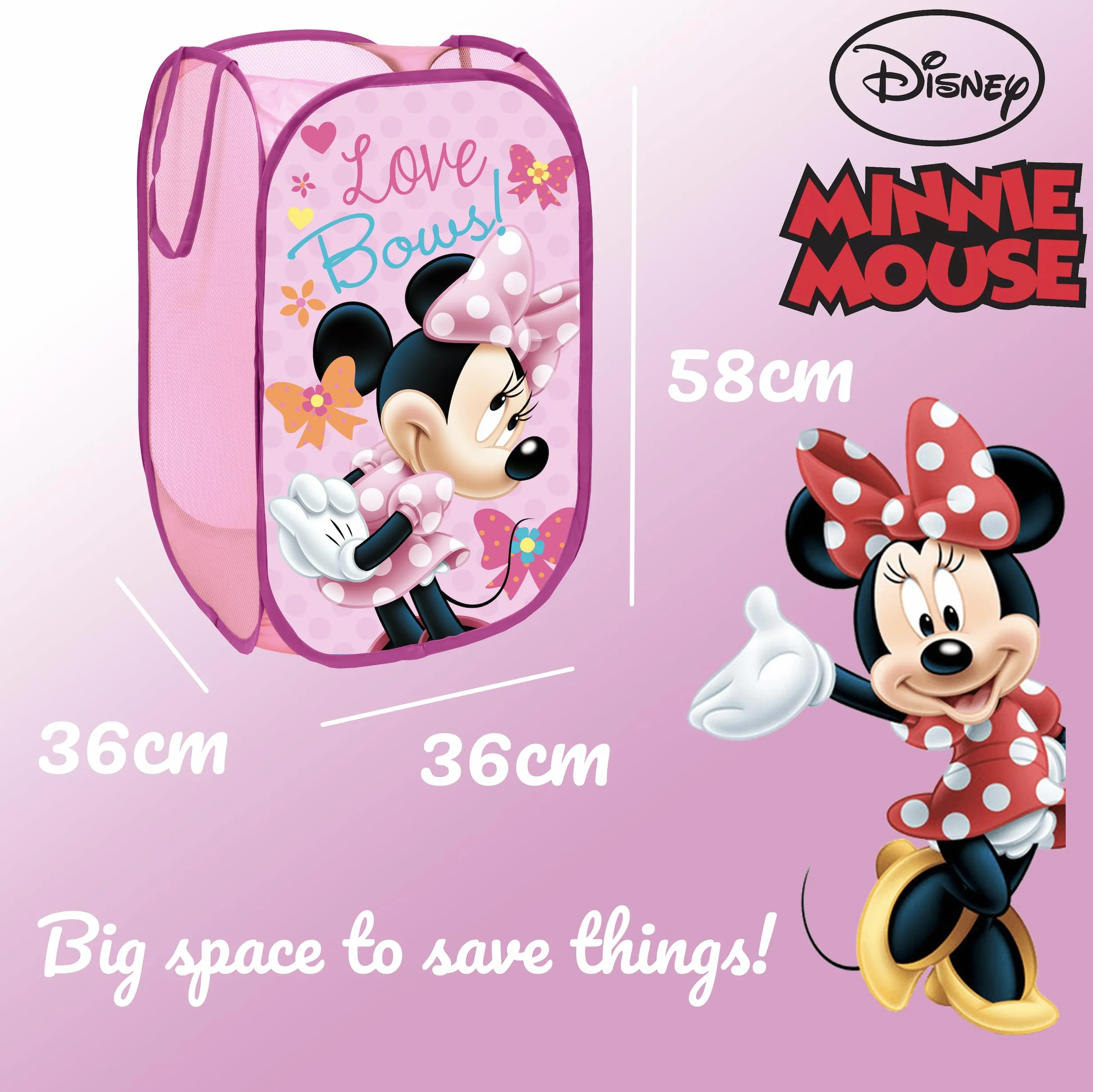 SUPERDIVER Cesta plegable Minnie Mouse Oficial Disney 36x36x58 cm con asas ligera se pliega a 20x20 cm