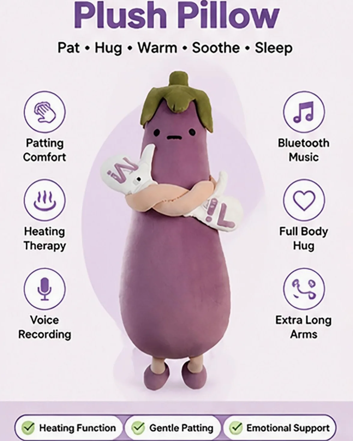Almohada Inteligente de Berenjena/Mango Extra Grande for Ayudar a Dormir, Almohada de Felpa con calefacción y Control Remoto, for sofá Cama(Purple Basic Model,M)