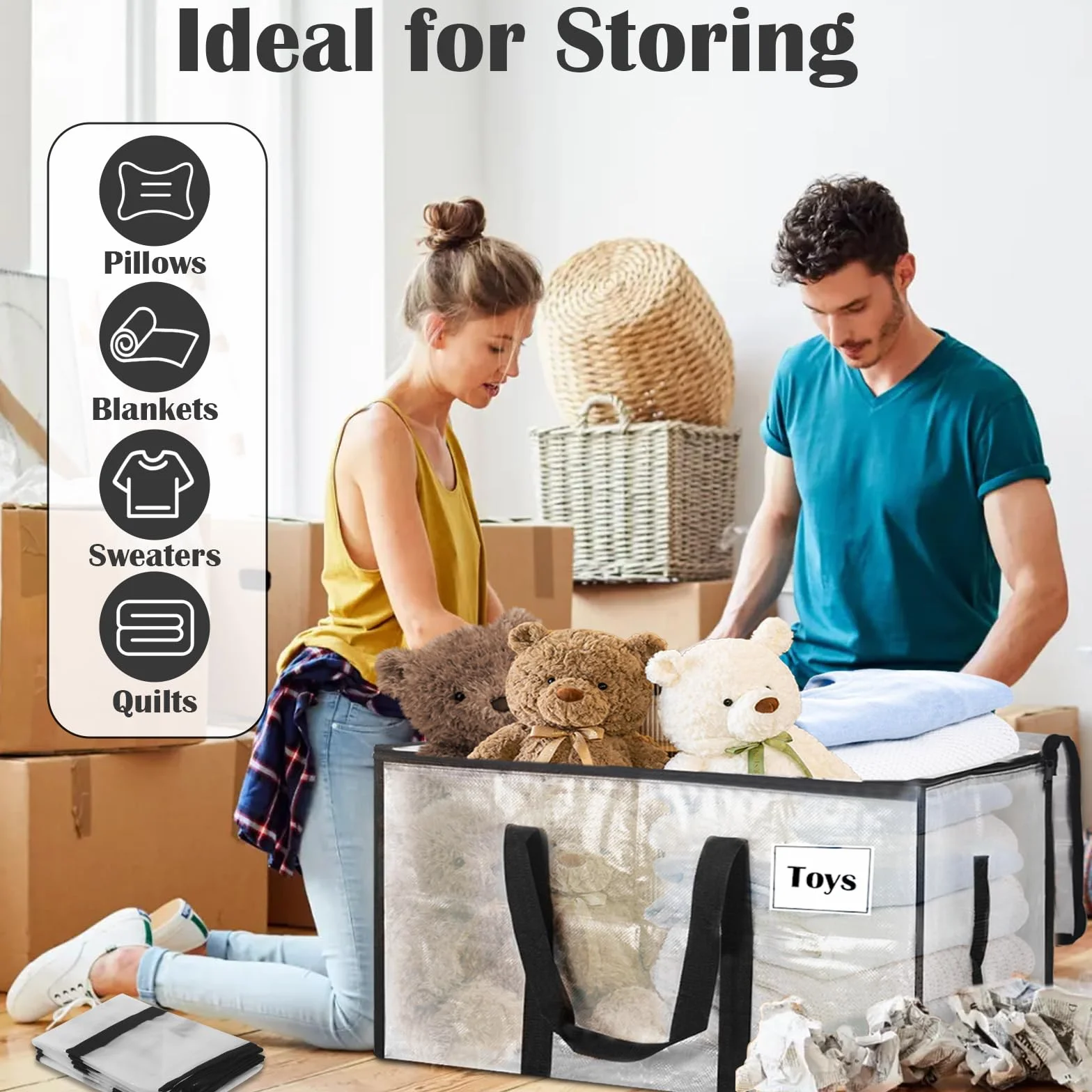 Withosent 100L Grande Bolsa de Almacenamiento, 2 Piezas Impermeable Bolsas de Mudanza con Cremallera y Asa, Bolsas para Guardar Ropa Edredones, Alternativa a las Cajas de Mudanza, Transparente