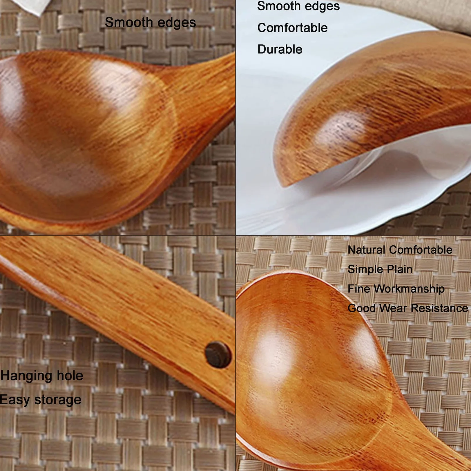 Cucharada de sopa de madera de mango largo de Kemu, cocina doméstica Cuchara de madera sin palanca de madera, cuchara de cocción de 9 ", cuchara de madera hecha a mano natural,4pcs