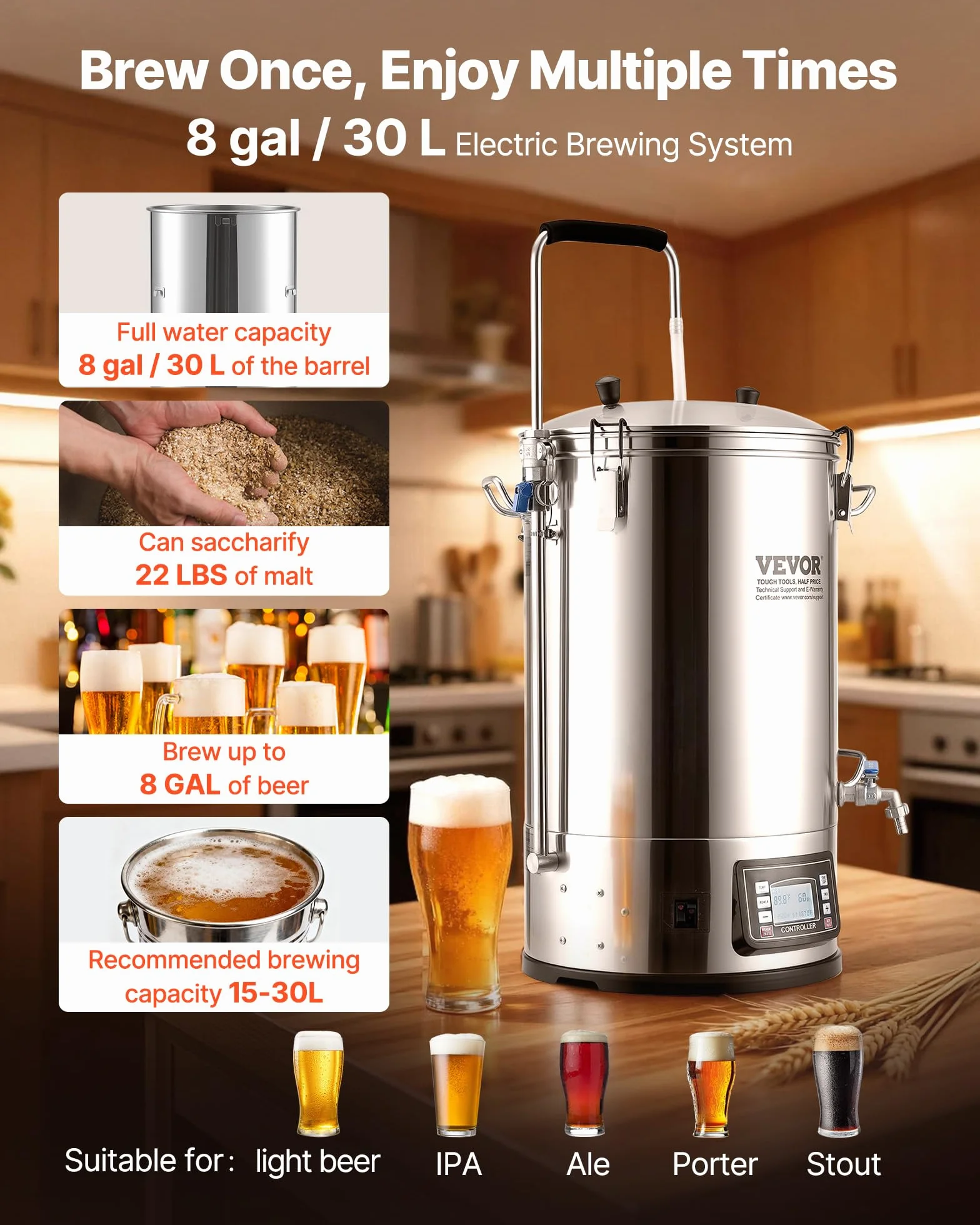 VEVOR Destilacion para Alcohol 30 L Olla De Acero Inoxidable para Cerveza 100-2500 W Destilacion para Alcohol 42 x 35,5 x 82 cm Pantalla LCD con Múltiples Funciones, Bomba de Circulación para Cocina