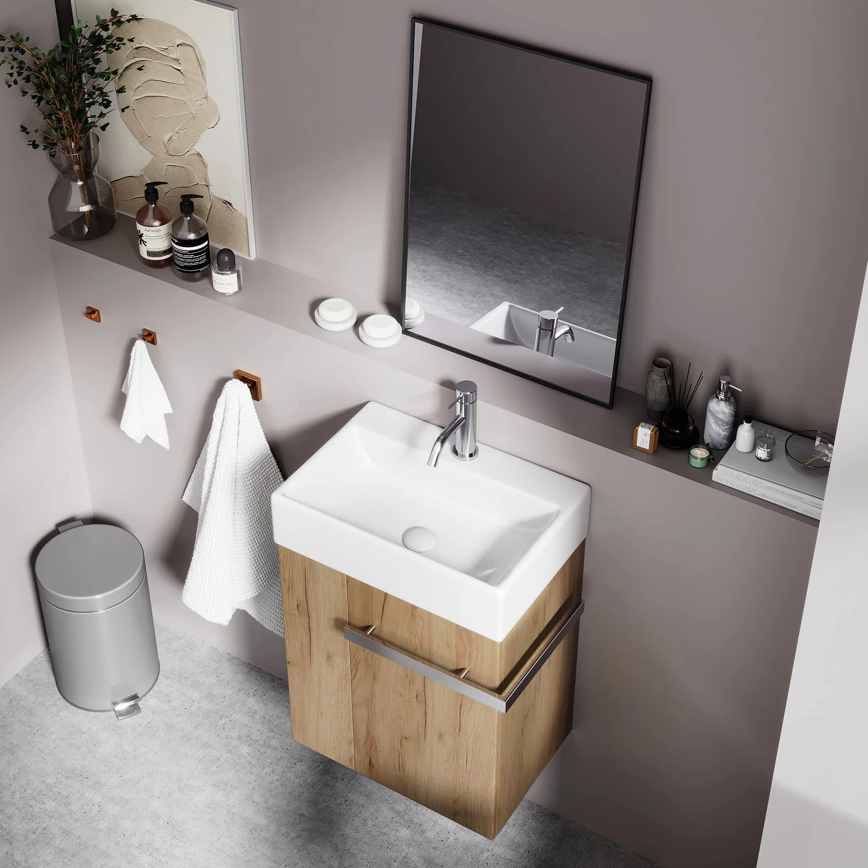 Mueble de Baño 50 cm con Lavabo de Cerámica – Cajón con Cierre Suave, Tirador para Toallas, Instalación Izquierda/Derecha Opcional, European Oak