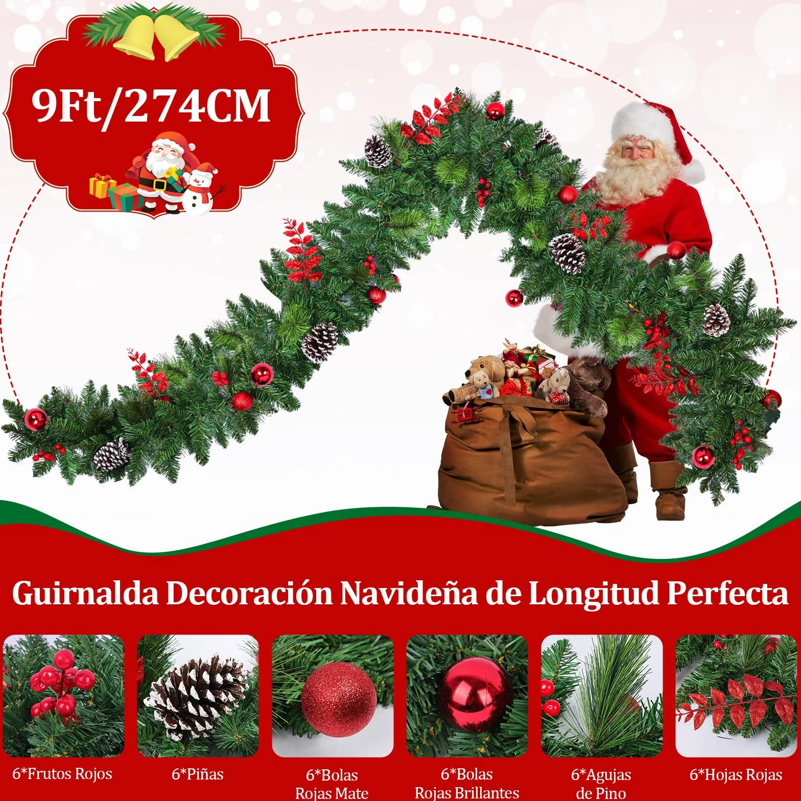 Guirnalda Navideña Artificial Premium 270cm, Guirnalda Navidad con Luces con Temporizador, Decoración Navidad Duradera para Chimeneas, Ventanas, Escaleras, Arco y Fiestas