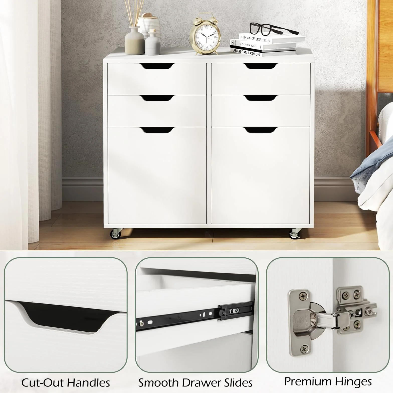 KOMFOTTEU Archivador Móvil con 5 Ruedas, Cómoda con 4 Cajones y 2 Armarios con Puertas, Soporte para Impresora de Madera, Mueble de Almacenamiento para Oficina, Salón