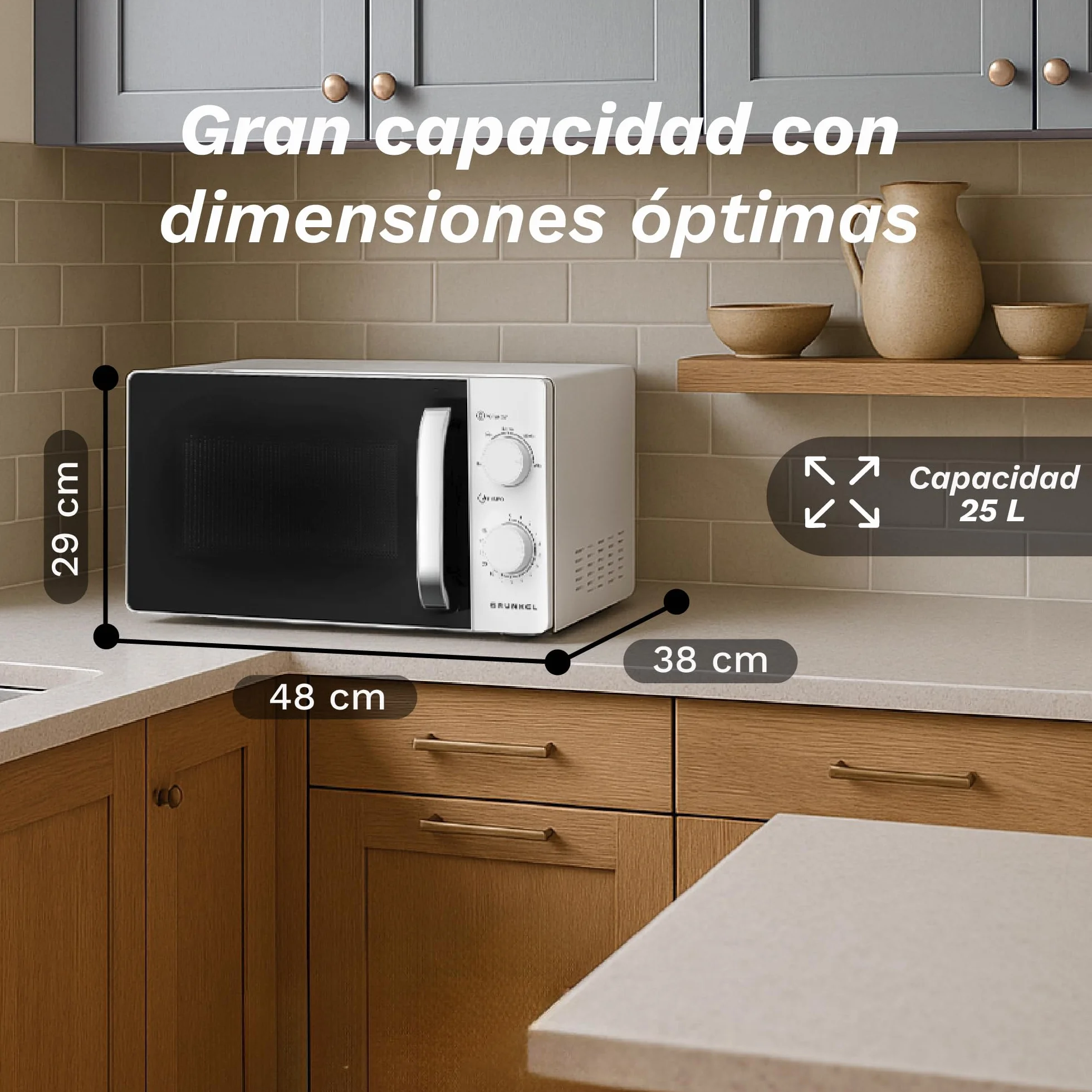 Microondas sin Grill básico de 25 Litros, 850w de potencia Sencillo, temporizador 30min. 5 potencias y descongelación. Fácil de usar