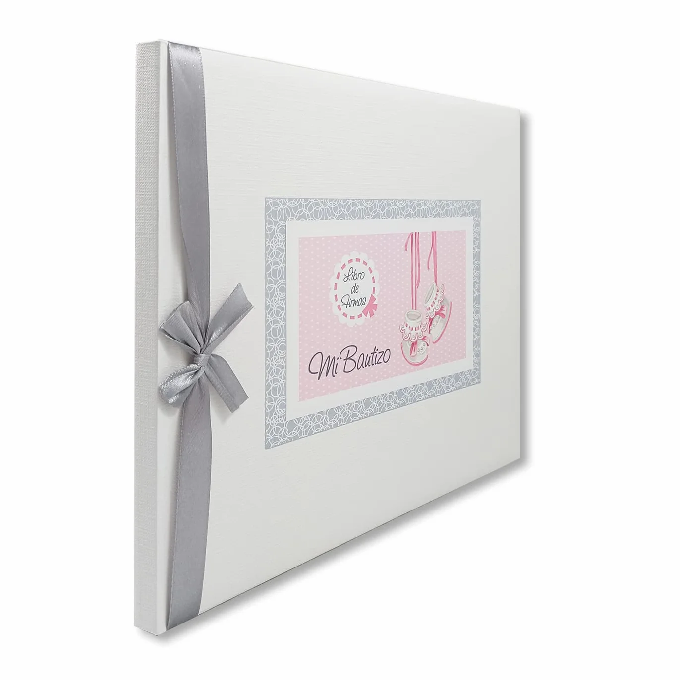 Libro de firmas bautizo bebe niña, libro visitas medidas, 27,5 x 23 x 2, 64 paginas, tapa dura, forrada gua Flex, con lazo plateado, más porta móviles personalizable, para poner la foto del bebe