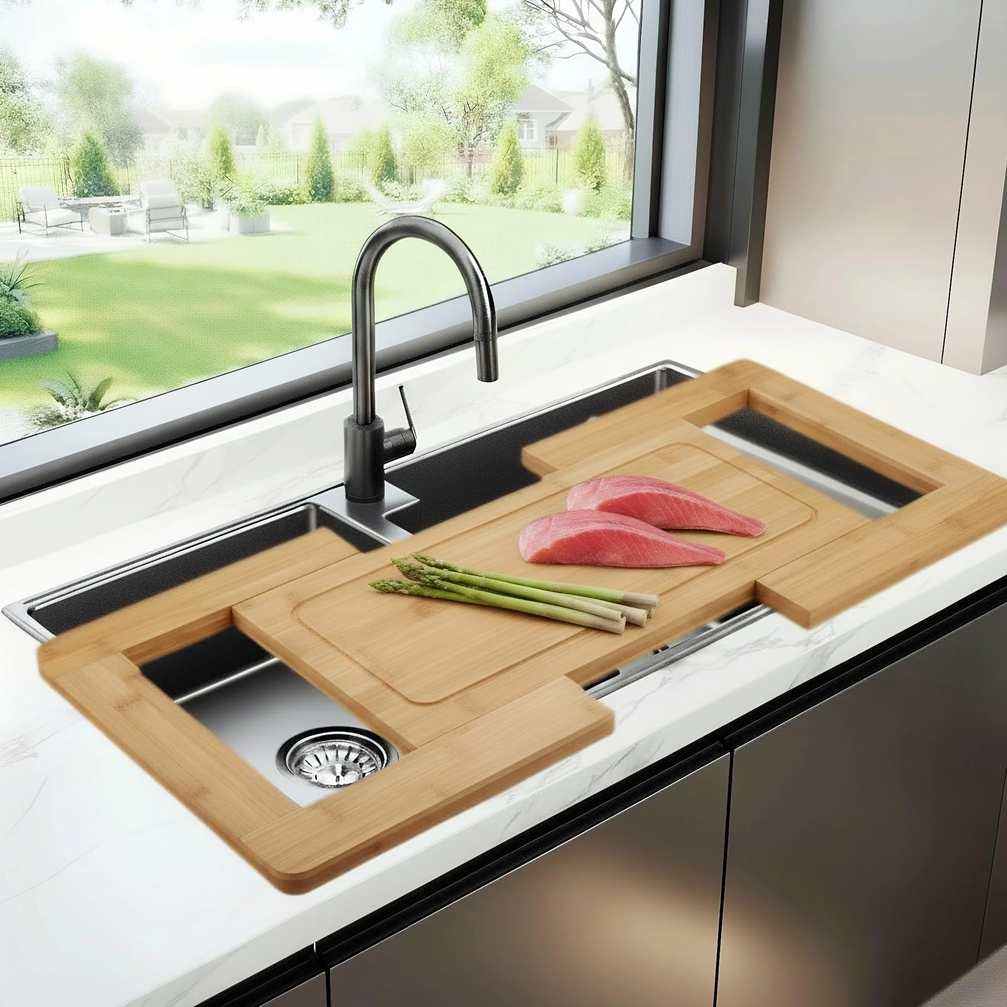 Tabla de cortar para fregadero de cocina, tabla de cortar extensible con bandeja de goteo, tabla de cortar de bambú, tabla de cortar extragrande, tabla de cortar montada en fregadero