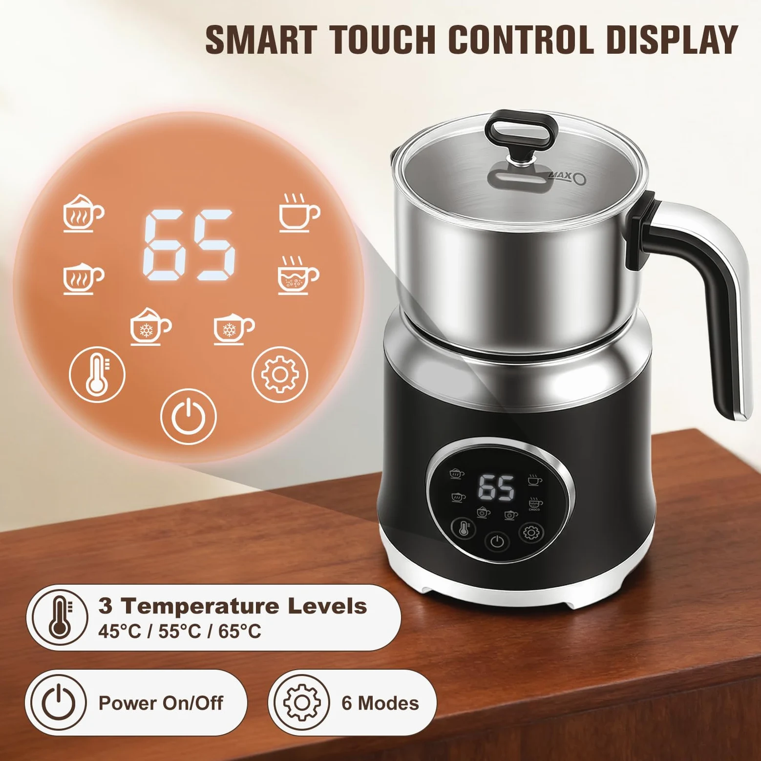 Espumador de Leche Eléctrico 6 en 1, Apto para Lavavajillas, con Temperatura Variable y Espuma, 800 ml, Gran Capacidad, para Espuma de Leche Fría Caliente, Chocolate Caliente, Café con Leche