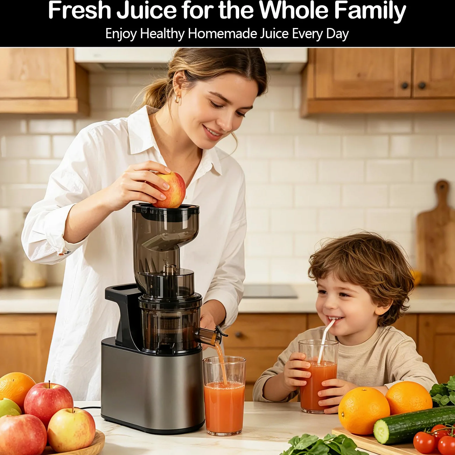 Extractor de Jugo Slow Juicer 1L, Entrada XXL de 160 mm | Hasta 97 % de Rendimiento, 2 Sistemas de Filtro para Zumo Sorbete Leche Vegetal & Helado de Frutas, Recetario Incluido