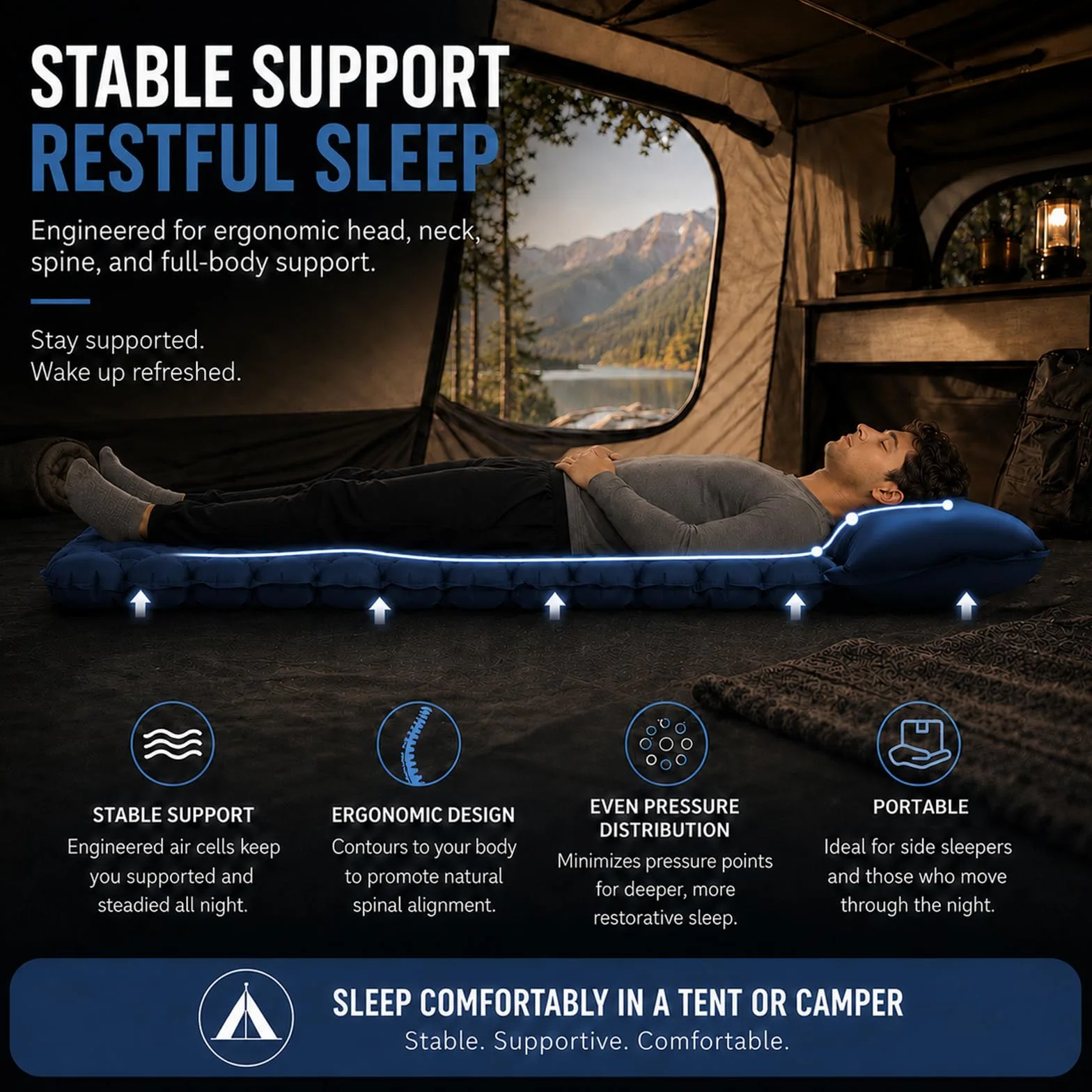 Esterilla Camping Autohinchable Individual con Almohada y Bomba de Pie Ultraligero Plegable Azul Marino