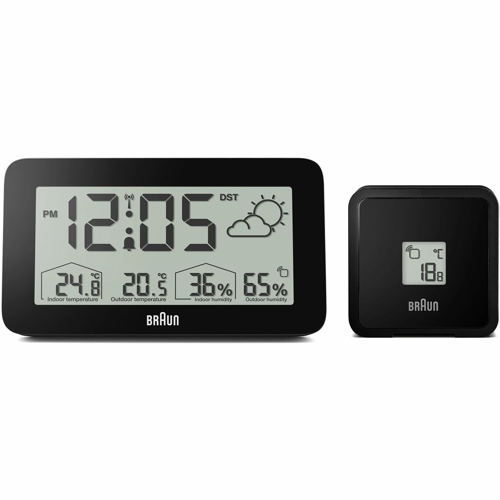 Estación meteorológica y reloj digital controlado por radio Braun para la zona horaria de Europa Central (DCF) con temperatura y humedad, pronóstico del tiempo, pantalla LCD, negro, modelo BC13BP-DCF.