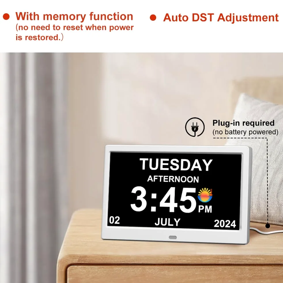Reloj despertador con día y fecha para personas mayores, calendario digital, marco de fotos, pantalla regulable automáticamente, 15 opciones de alarma, reloj con día y mes no abreviados (10
