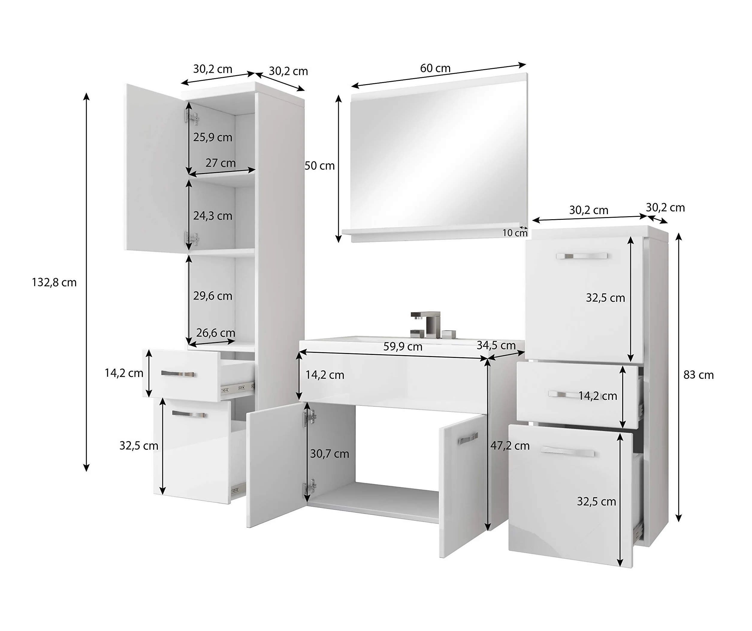 PIASKI Conjunto de Muebles de Baño Colgantes Alba con Lavabo, Tablero Laminado MDF, 6 Piezas, Estilo Moderno, 30x30x130 cm, 60 kg, Sonoma/Blanco Brillante