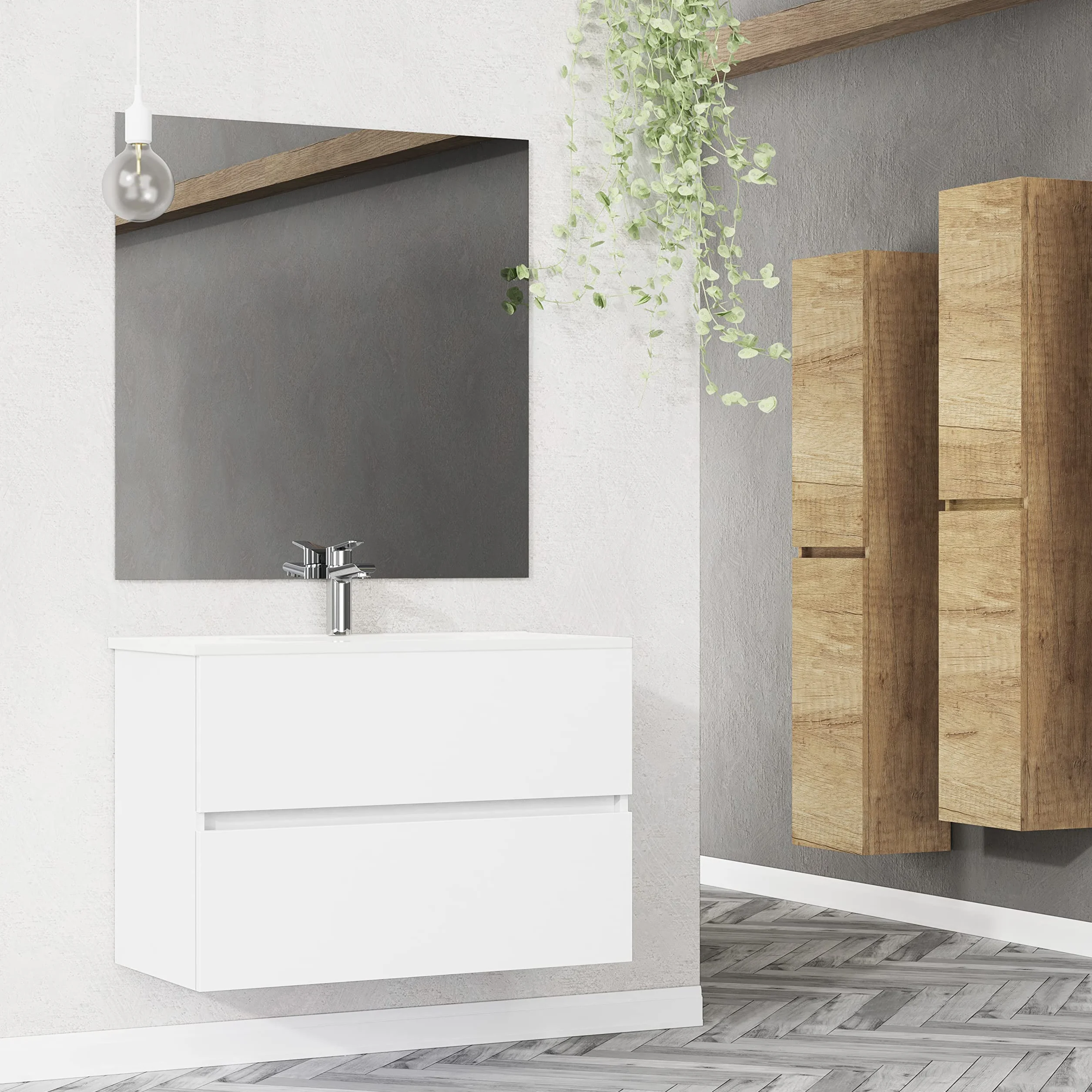 Baikal, Conjunto de baño Natura. Mueble de Baño de Fondo Reducido, con Lavabo cerámico. Distribución Dos Cajones. Mueble MONTADO. Dos Cajones sin Espejo. Fondo 39cm 80 cm Blanco