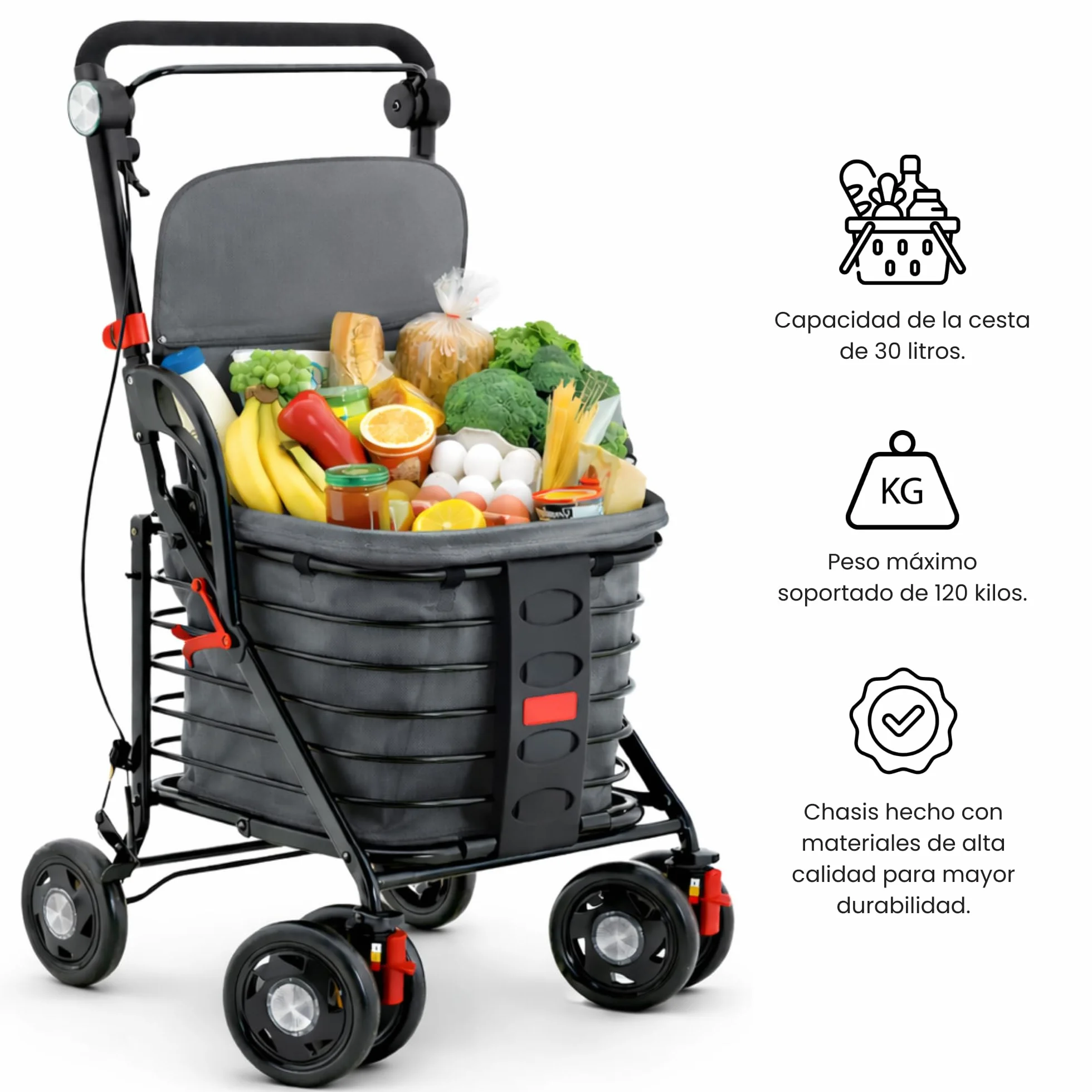 GARMOL Carro de Compra Relax con Asiento Acolchado 30L | Plegable, con Freno de Mano y Seguridad, Asa Regulable | Ideal para Personas Mayores hasta 120 kg (Gris)