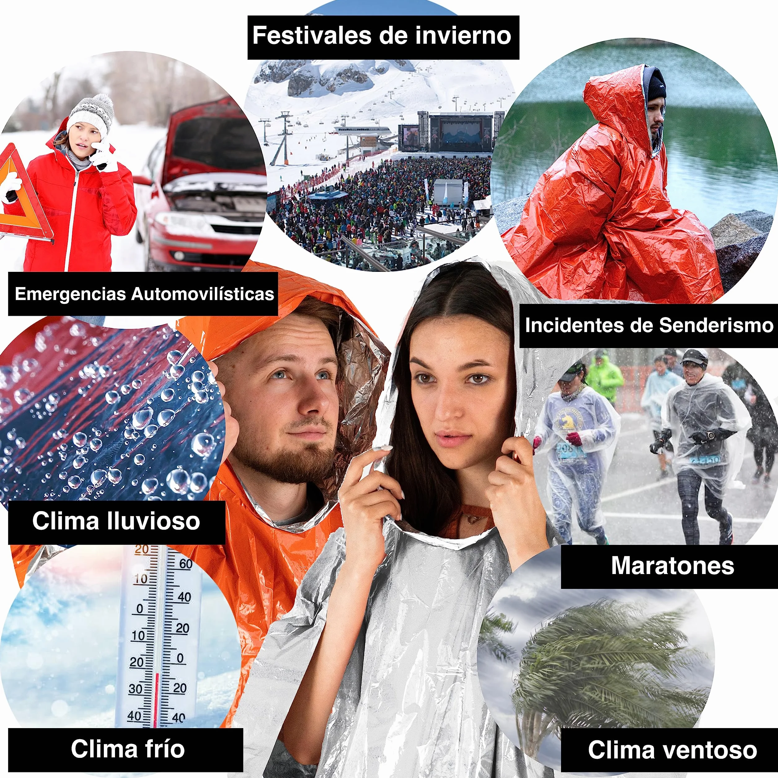 aZengear Poncho de Supervivencia 4 Piezas Manta Térmica de Emergencia Impermeable Resistente al Viento Reversible con Capucha Senderismo Naranja