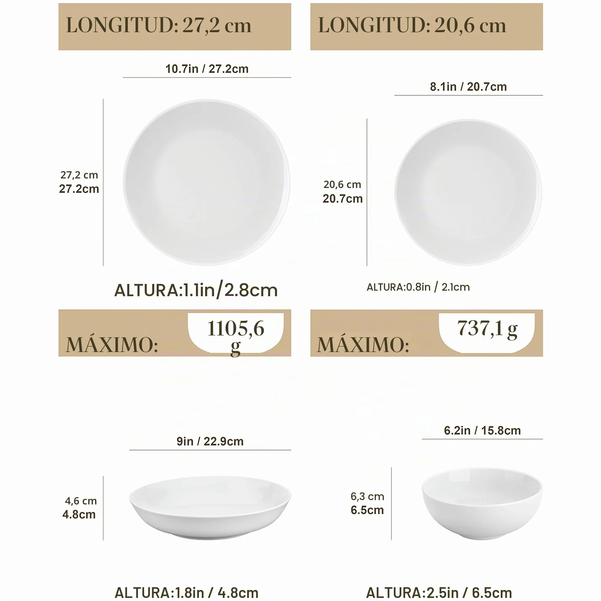 MALACASA AMELIA Vajillas Completas 6 Personas, 24 Piezas – Juego de Porcelana Gourmet Moderna con 6 Platos Llanos, 6 Platos de Postre, 6 Cuencos y 6 Platos Hondos, Apto para Microondas y Lavavajillas