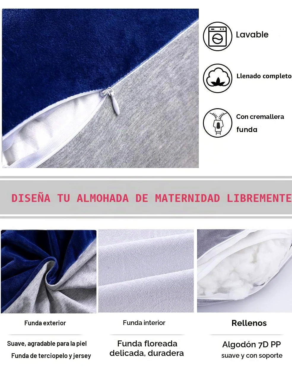 Pulgadas Almohada Maternidad y Embarazo | Almohada Extra Grande en Forma de U con Lado Desmontable, Almohada de Apoyo Independiente y Funda extraíble (Azul,Gris)