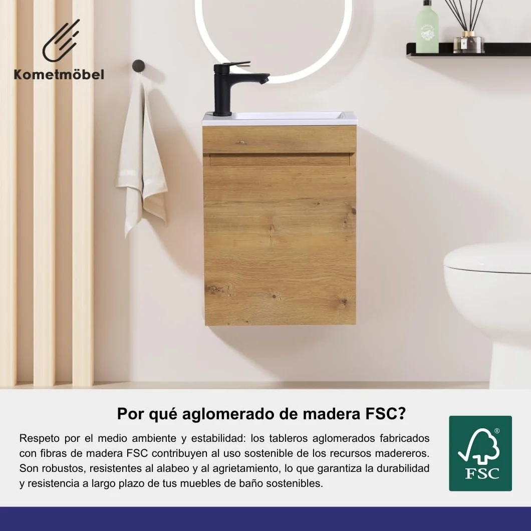 Conjunto Mueble de baño 40 cm con Lavabo y Espejo 100% montado de fábrica (Roble 40cm, con Espejo)