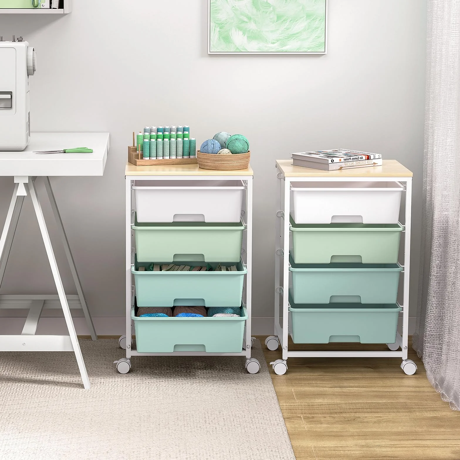 SYKIARIOL Carro con ruedas de 4 cajones, carrito de almacenamiento multiusos con ruedas con tablero de madera, carrito con ruedas para cocina, salón, dormitorio, fácil movimiento, gran capacidad,verde