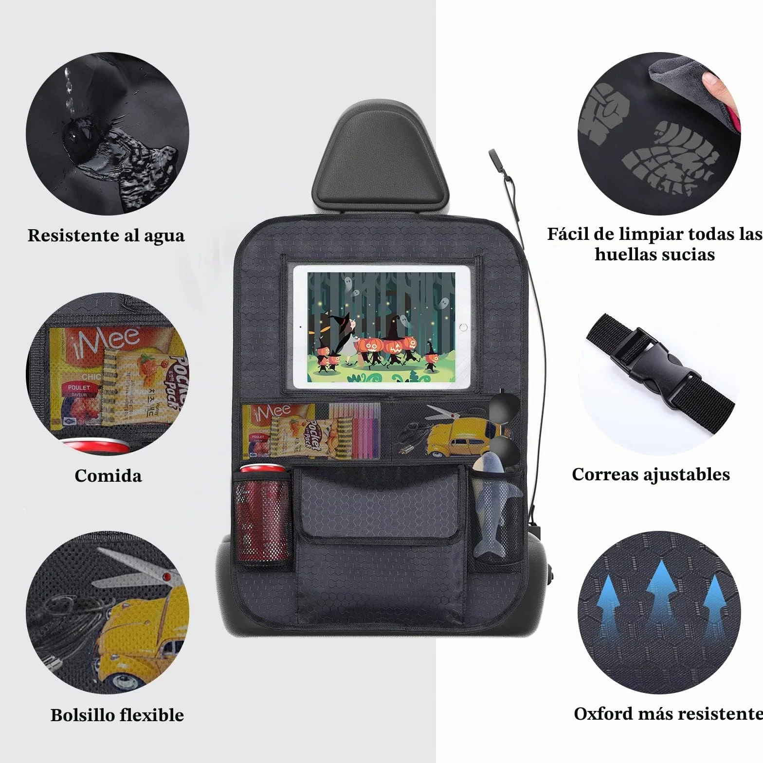 Romon Protector Asiento Coche Silla Bebe,Organizador de Asiento Trasero para Coche, Resistente al Agua y fácil de Limpiar, Tejido Oxford organizador de asiento con mucho espacio de almacenamiento