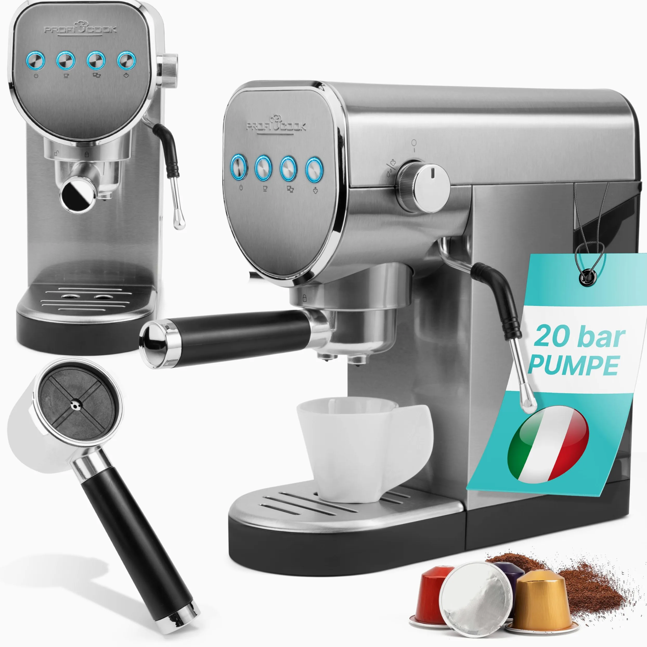 ProfiCook PC ES 1265 - Cafetera 2 en 1 | Cápsulas de café y polvo espresso | Máquina portafiltro 20 bar bomba italiana | Incluye boquilla espumador de leche | Portafiltros para café espresso