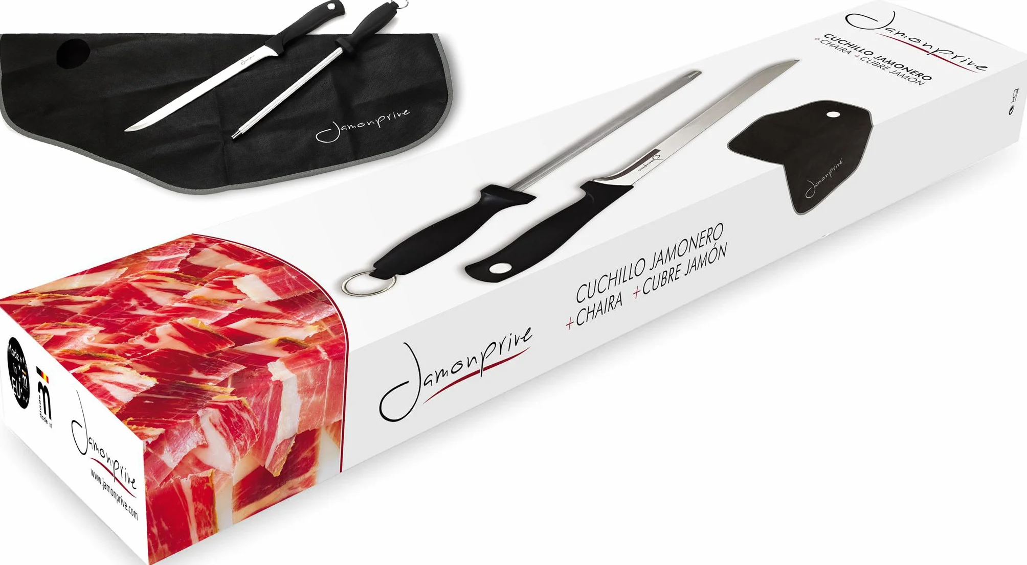 Cuchillo Jamonero con Chaira y Cubre Jamón - Set Profesional para el Corte de Jamón Serrano e Ibérico