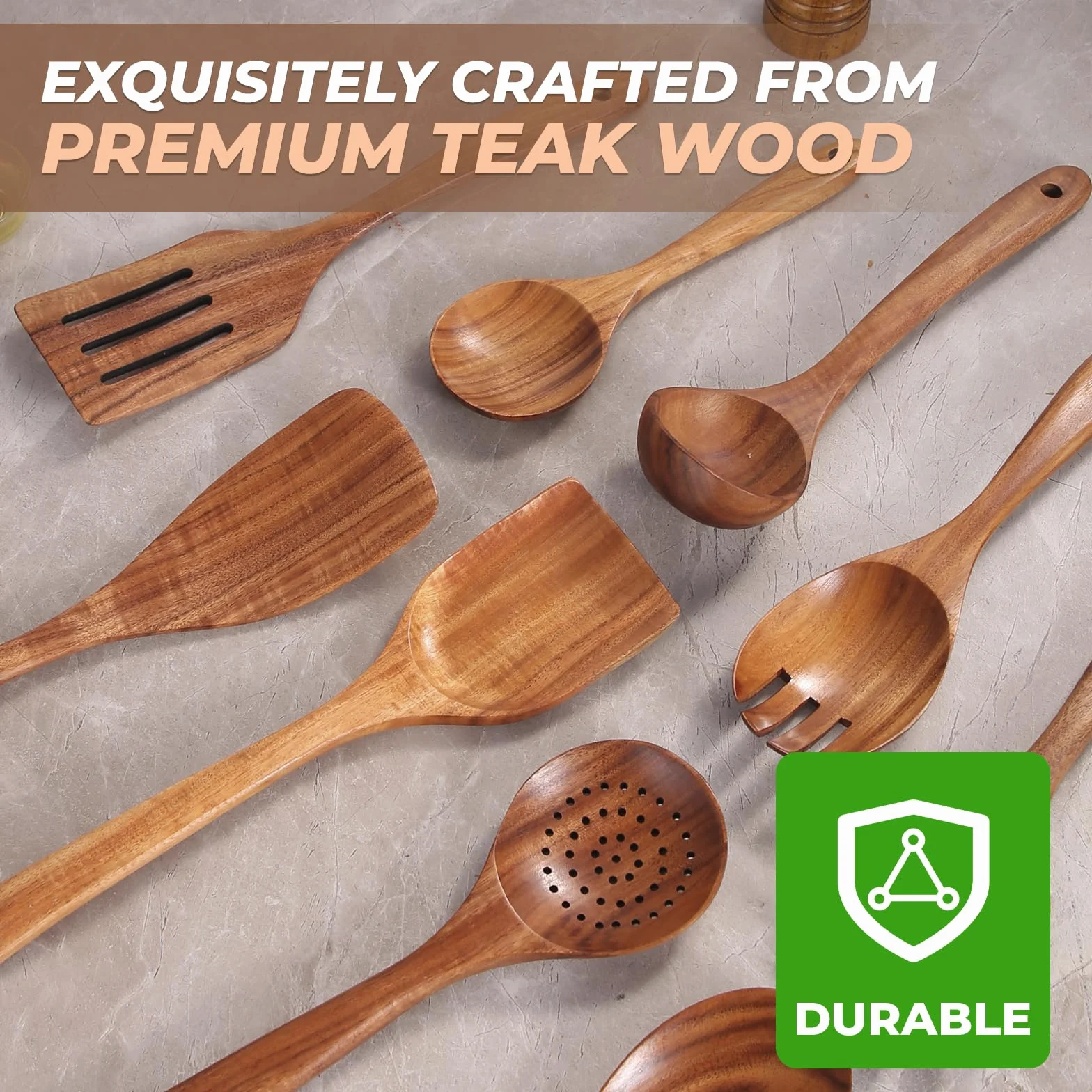 AIUHI Juego de utensilios de cocina de madera de teca, 9 cucharas de madera para cocinar, espátulas de madera para cocinar, antiadherentes, duraderas y resistentes al calor