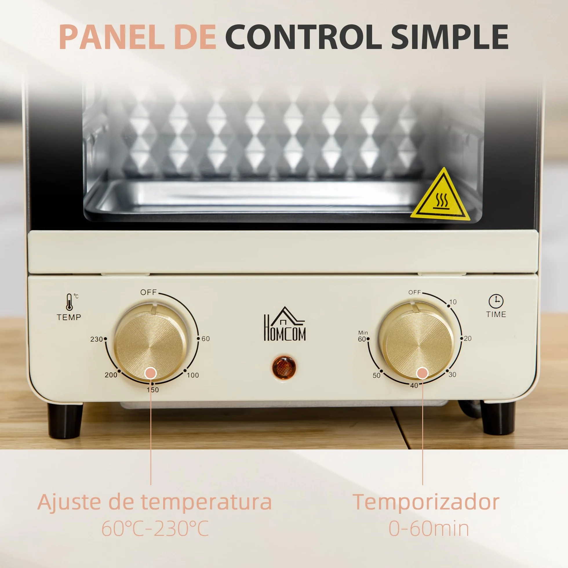 HOMCOM Horno Eléctrico Sobremesa 15 Litros 1000W Horno Portátil Mini Horno con Temperatura hasta 230 ℃ Temporizador Bandeja y Rejilla 25,5x27,5x32 cm Crema