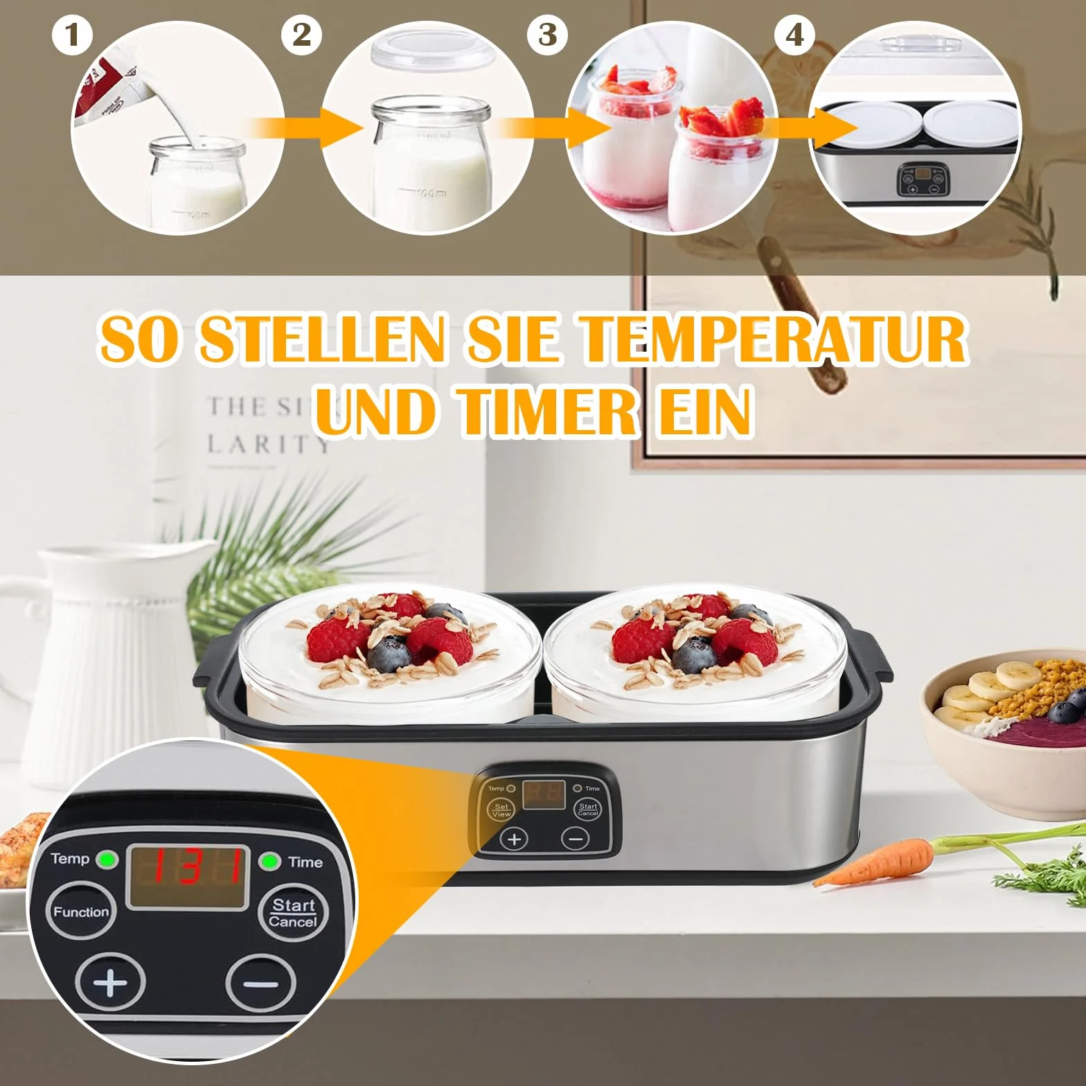 Yogur, 2 litros, máquina automática de yogur digital con 2 vasos, yogur con temporizador y control de temperatura, yogur para yogur griego, queso, natto, vino de arroz, plata, 2 litros