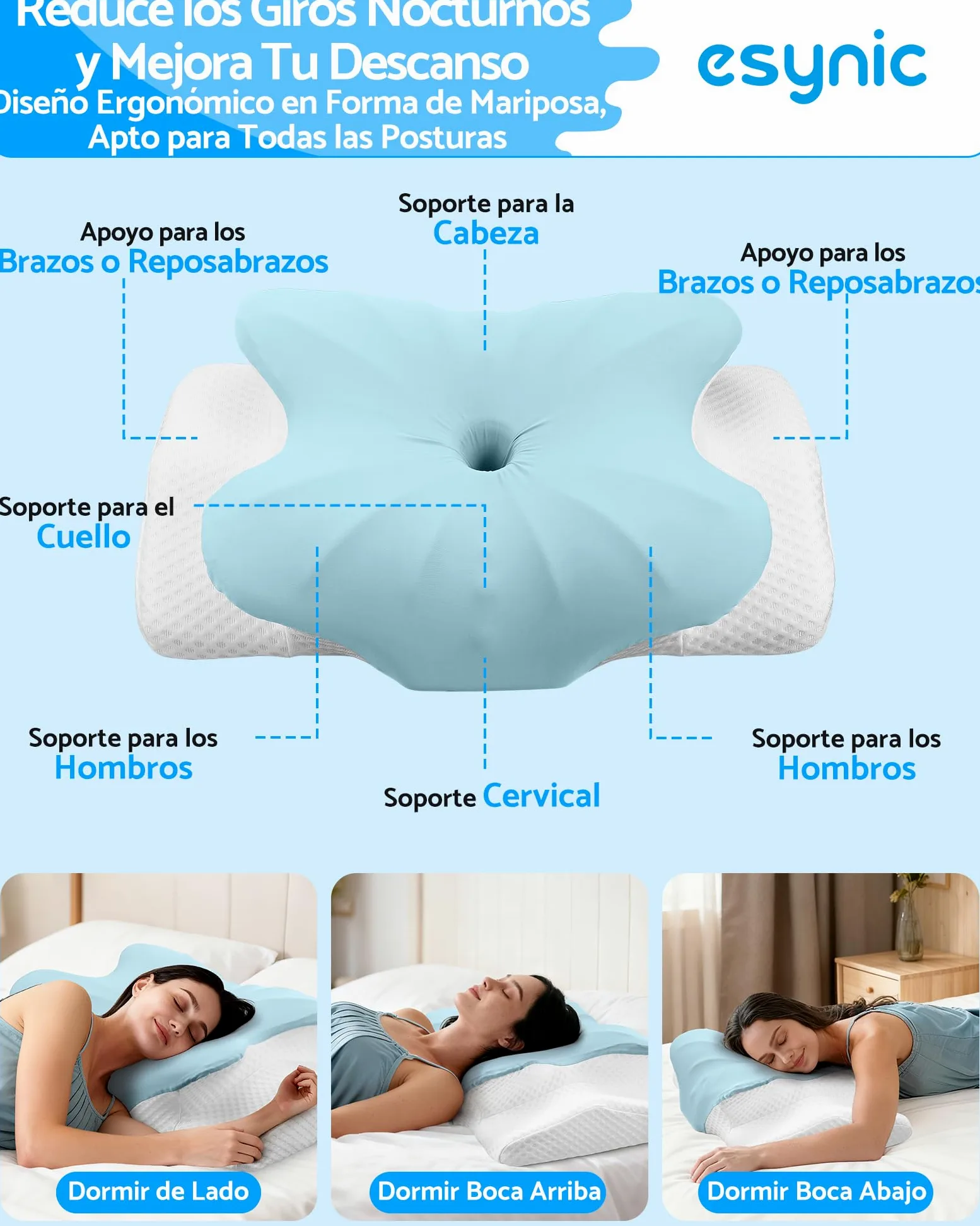 eSynic Almohada Viscoelástica Ergonómica para Cuello y Cervical Cojín Ortopédico de Espuma de Memoria con Doble Altura 11/13 cm Almohada para Dormir de Lado y Boca Arriba Funda Transpirable y Lavable