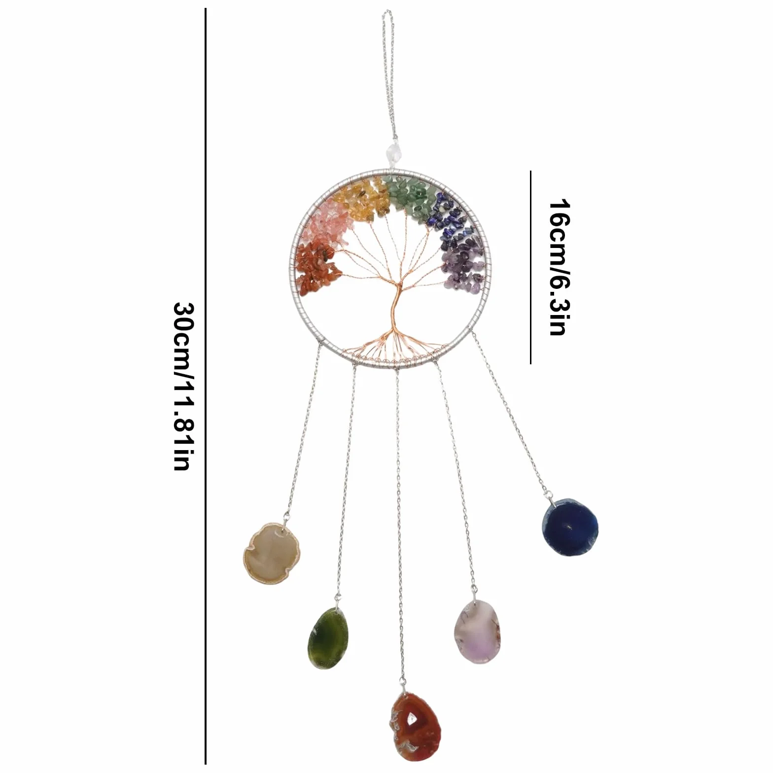 Hoypeyfiy Cristales árbol de la vida atrapasueños, piedra preciosa natural ágata chakra escudo colgante de pared decoración del hogar para meditación yoga arte de pared