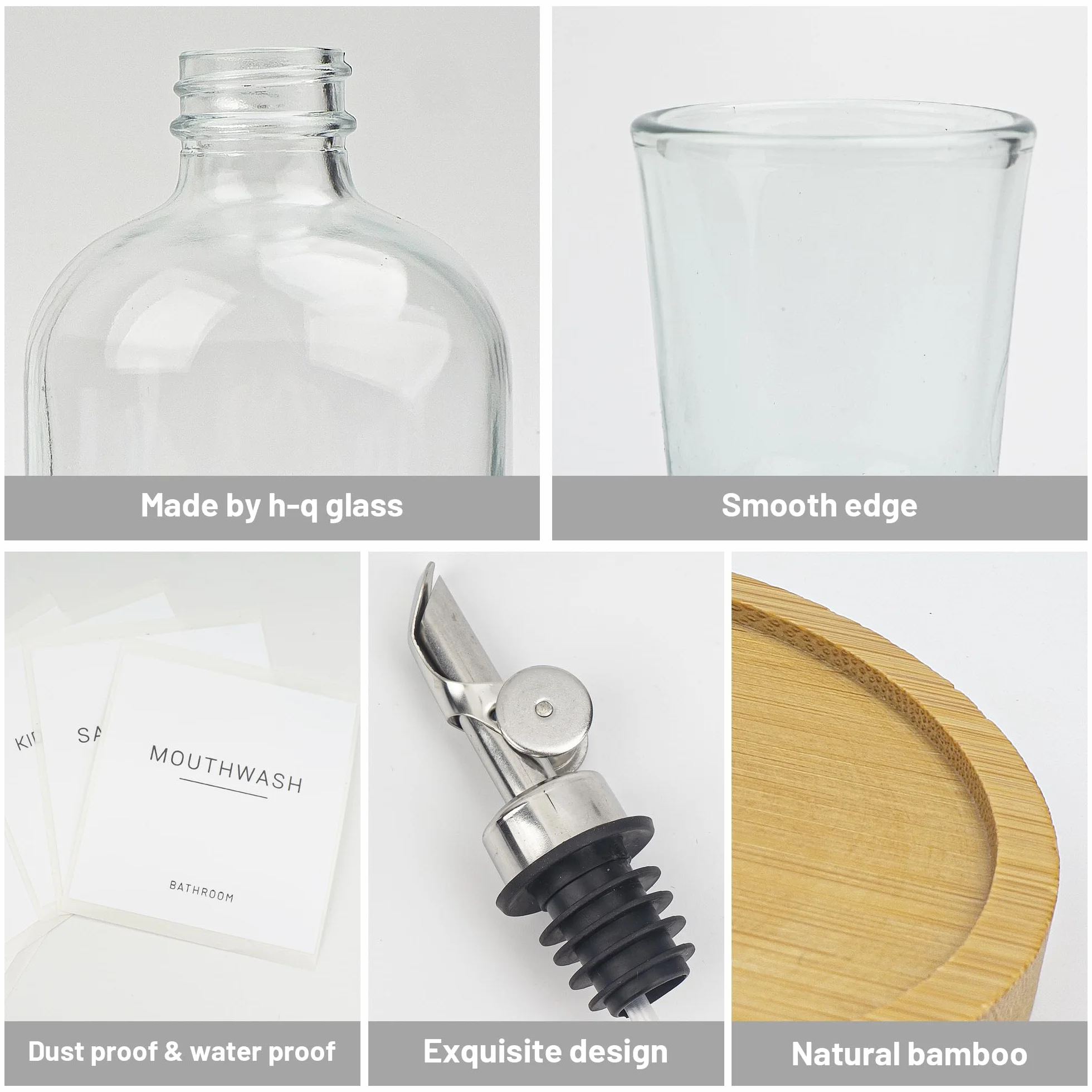 Dispensador de enjuague bucal de vidrio 480 ml, botella transparente con boquilla, taza reutilizable, bandeja de bambú, botellas Boston recargables