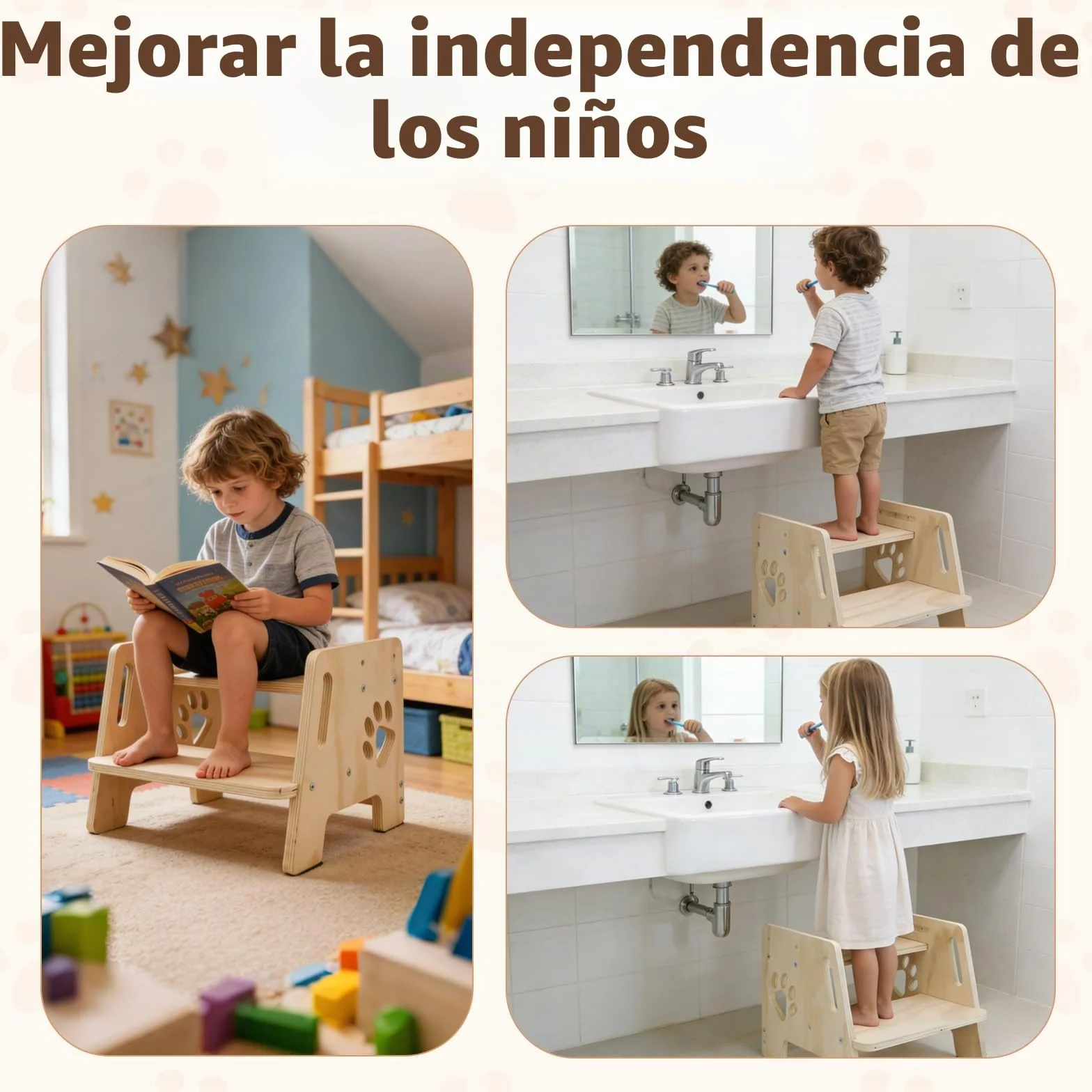 Escalón Infantil Taburete de Madera 2 Peldaños Altura Regulable con Asas Antideslizante