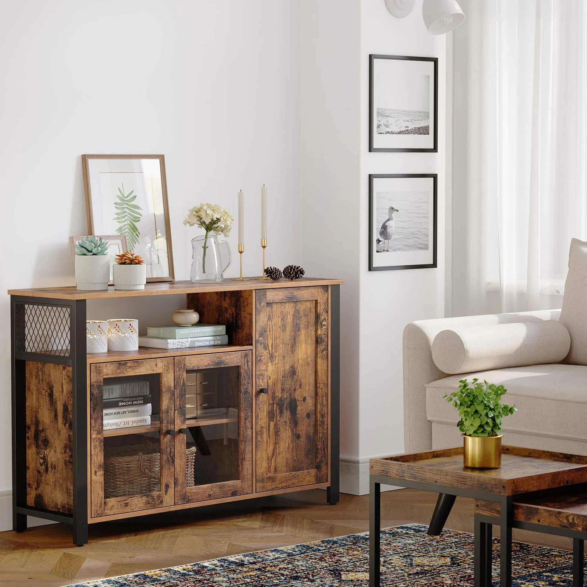 VASAGLE Aparador, Armario de Cocina, Armario de Almacenaje, con 3 Puertas, para Salón, Cocina, Comedor, 33 x 110 x 75 cm, Estilo Casa de Campo, Marrón Rústico y Negro LSC096B01
