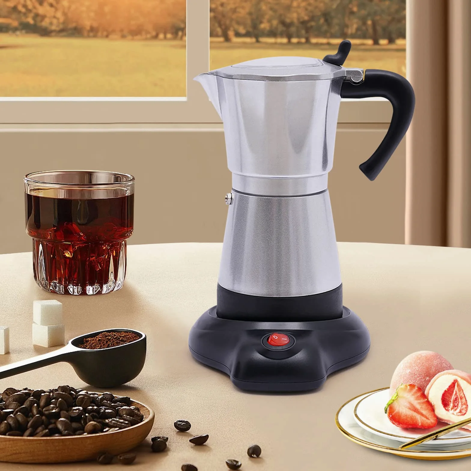MINRS Máquina espresso, 6 tazas, mango con protección contra quemaduras, mokaka, cafetera eléctrica, camping, cafetera, válvula de seguridad, para amantes del café, plata