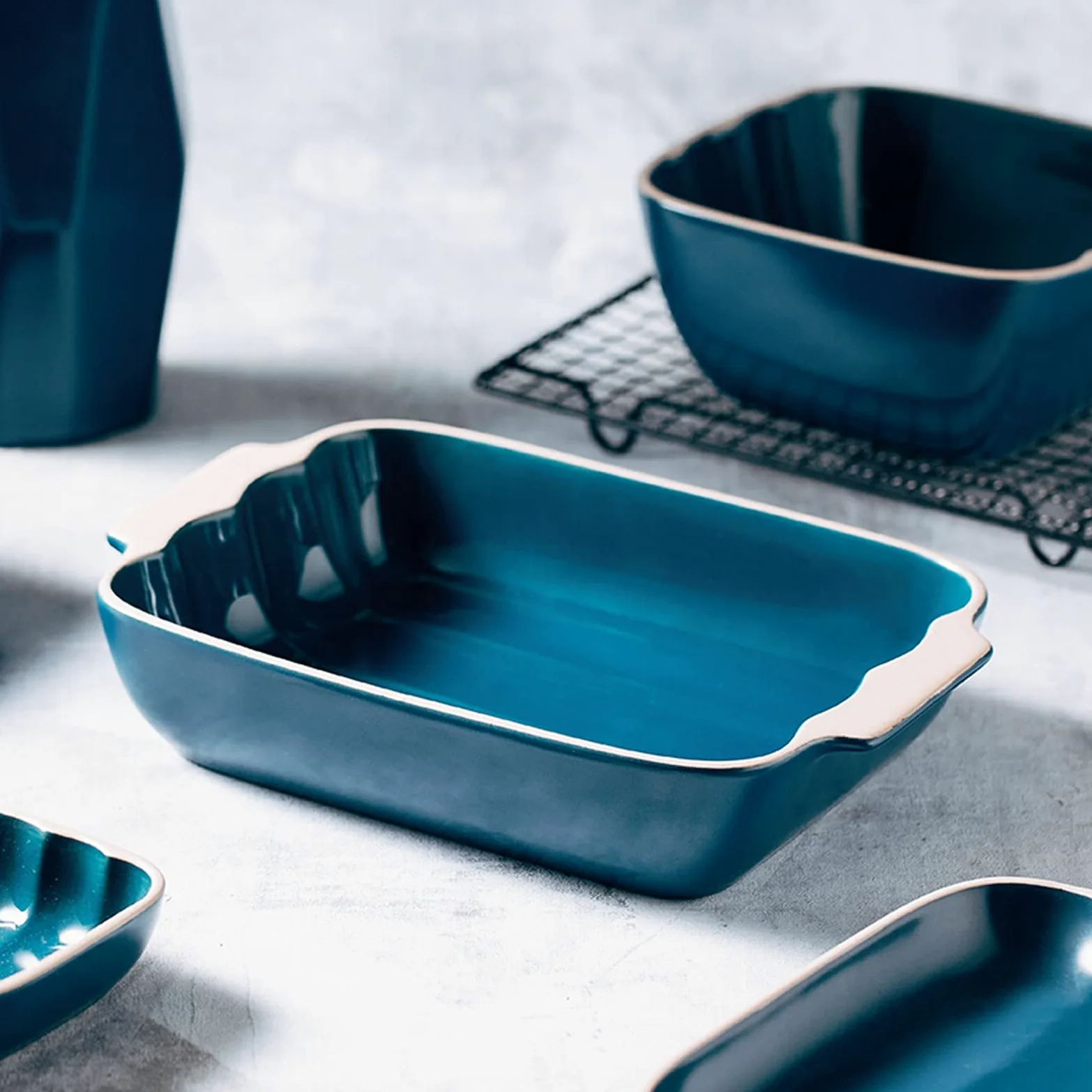 Fuente para Hornear Casserole rectangular Pan para hornear Pan Multi Baker plato, plato para hornear con asa, plato de cazuela de cerámica, Pan de lasaña para cenar y banquete, azul Bandejas Horno